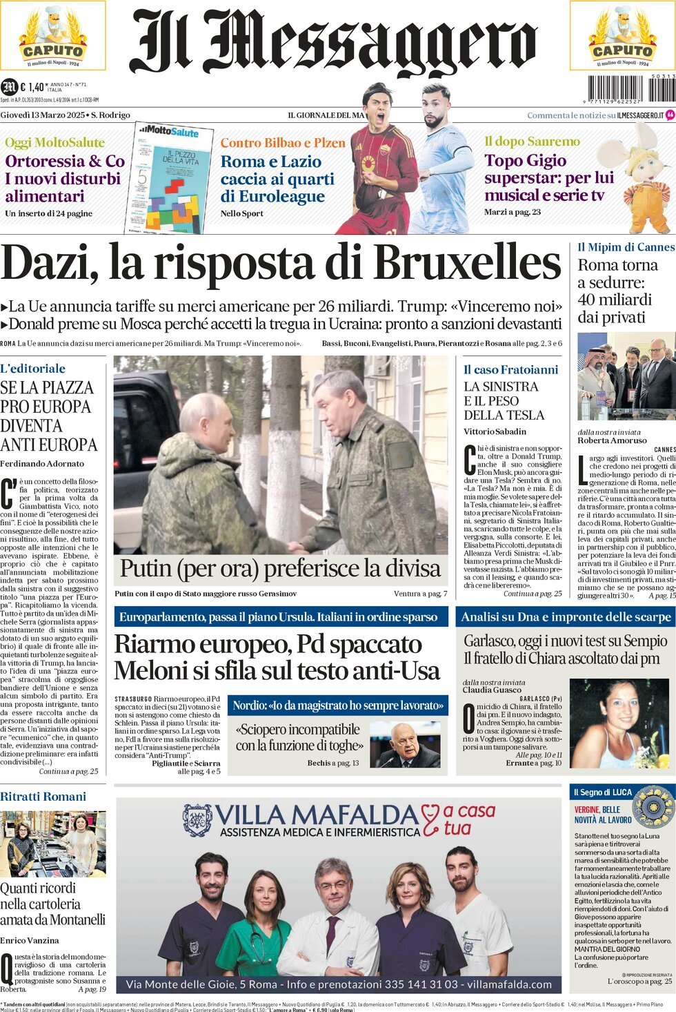 Prima-pagina-il-messaggero-edizione-di-oggi-13-03-2025