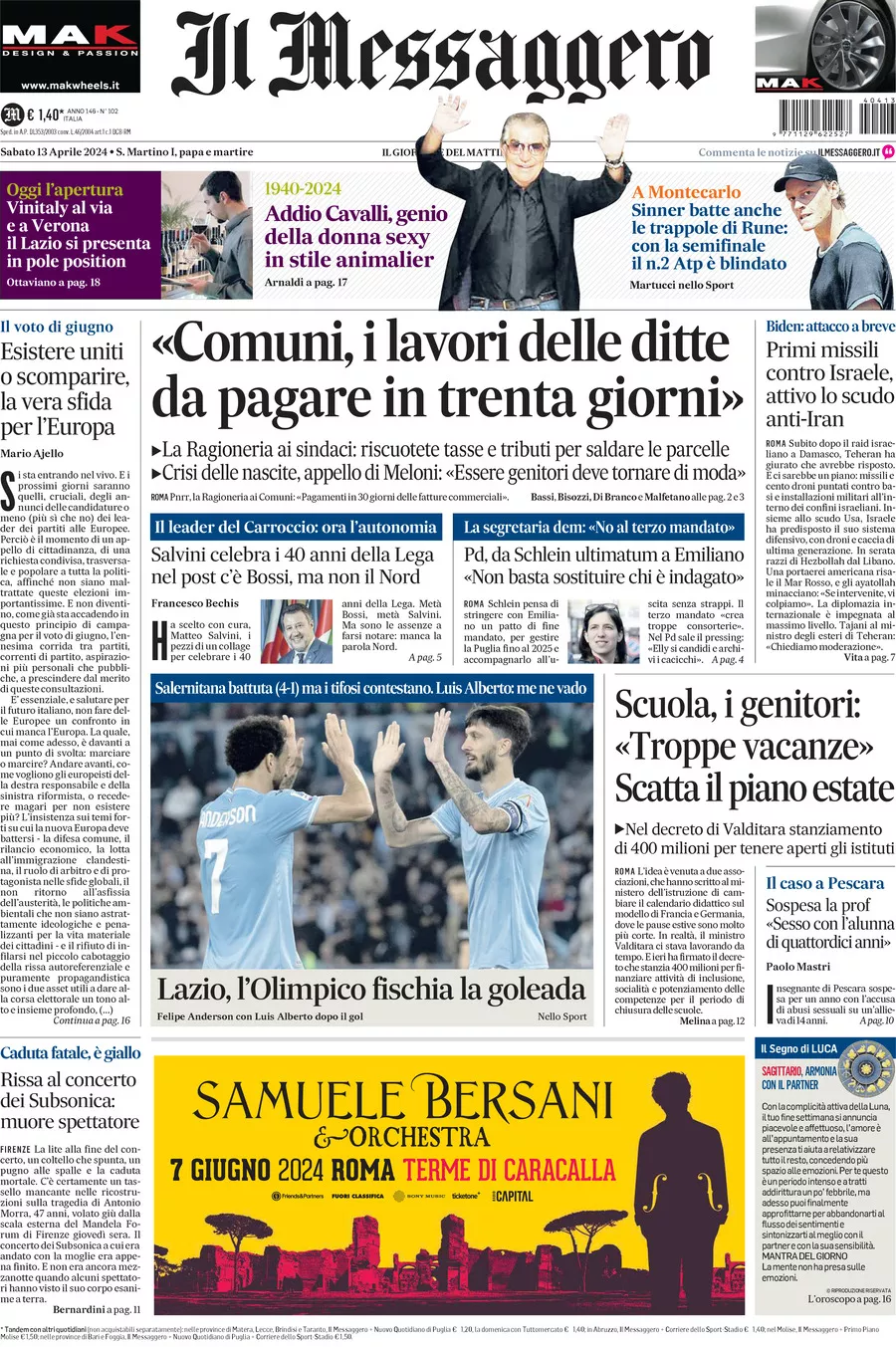 Prima-pagina-il-messaggero-edizione-di-oggi-13-04-2024