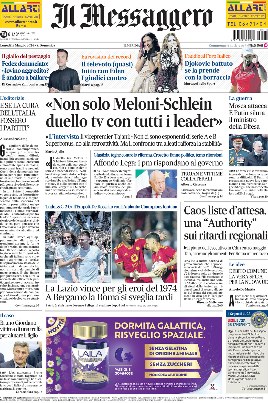 Prima-pagina-il-messaggero-edizione-di-oggi-13-05-2024