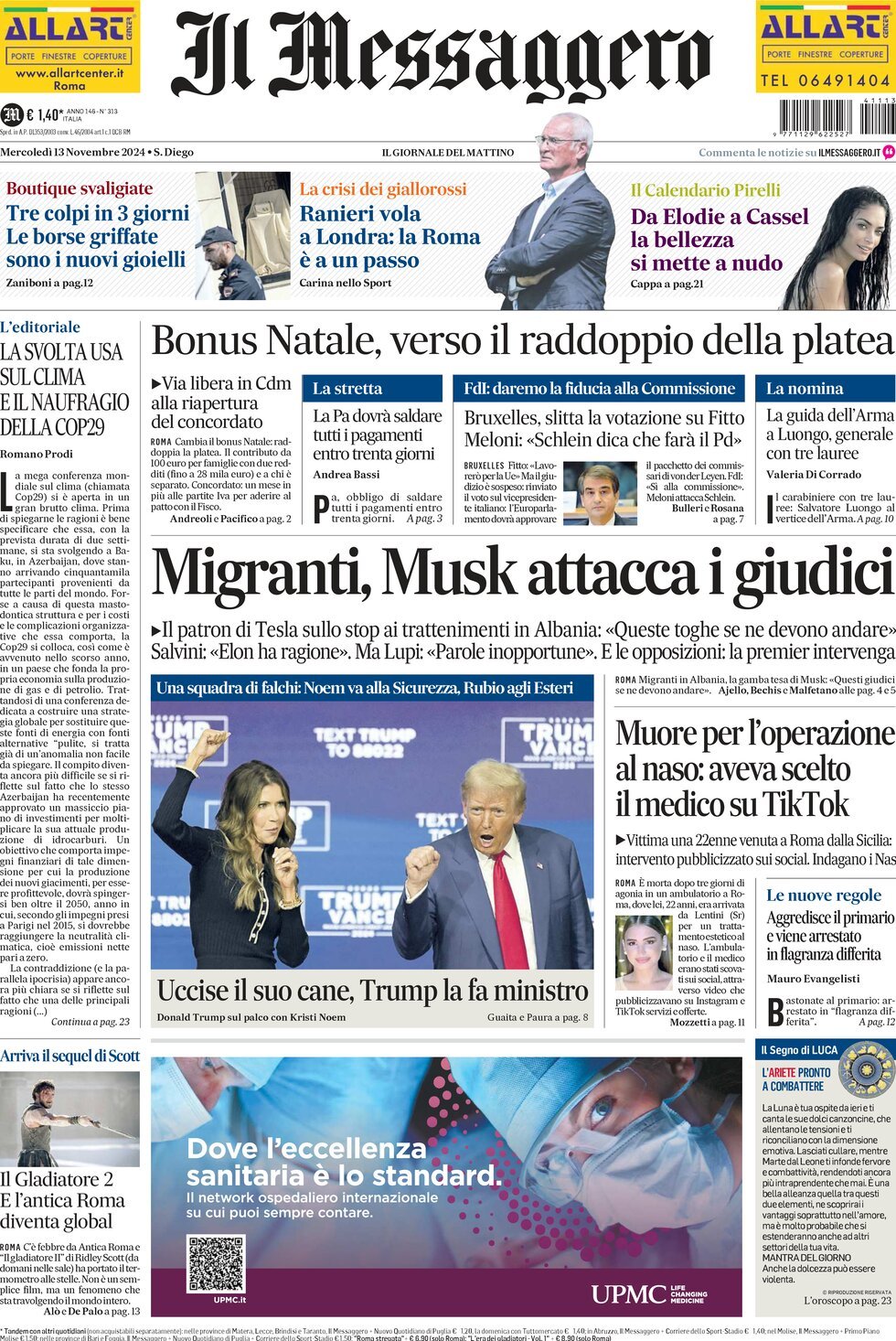 Prima-pagina-il-messaggero-edizione-di-oggi-13-11-2024