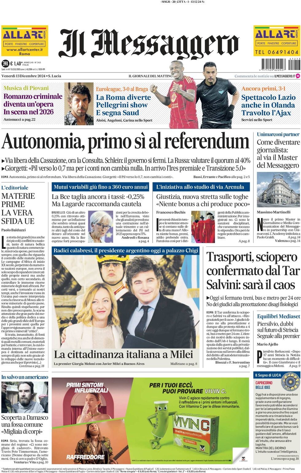 Prima-pagina-il-messaggero-edizione-di-oggi-13-12-2024