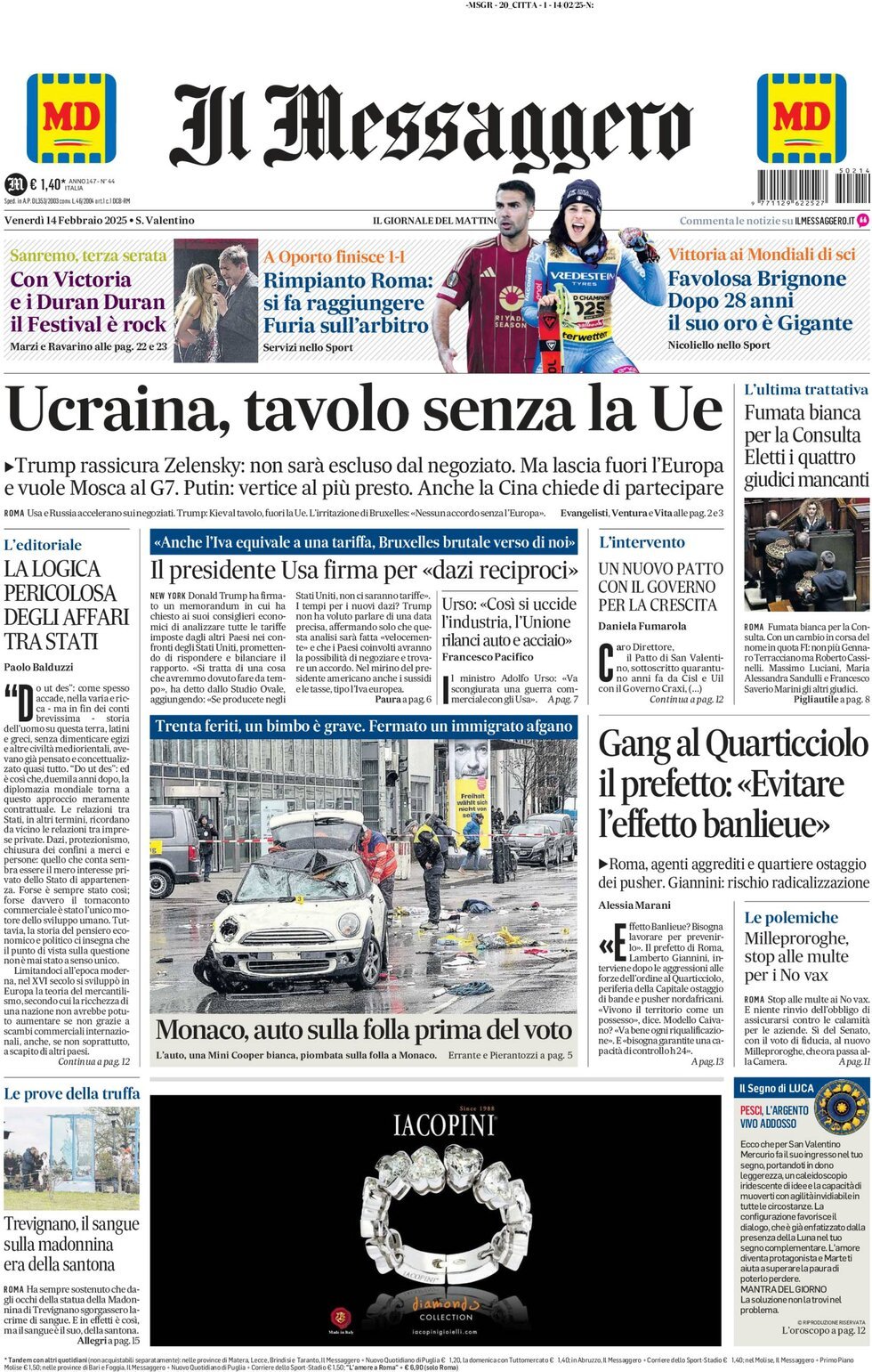 Prima-pagina-il-messaggero-edizione-di-oggi-14-02-2025