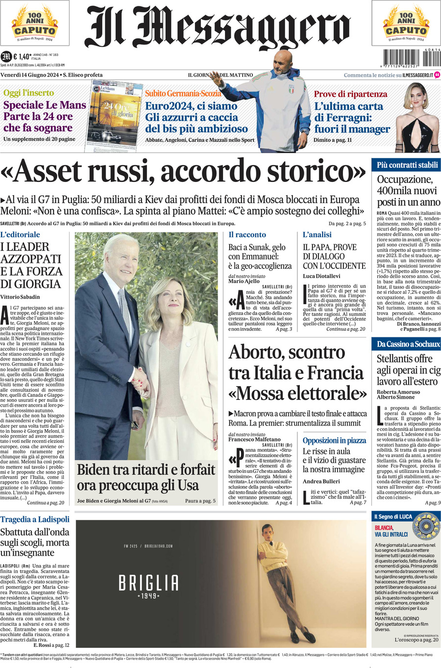 Prima-pagina-il-messaggero-edizione-di-oggi-14-06-2024