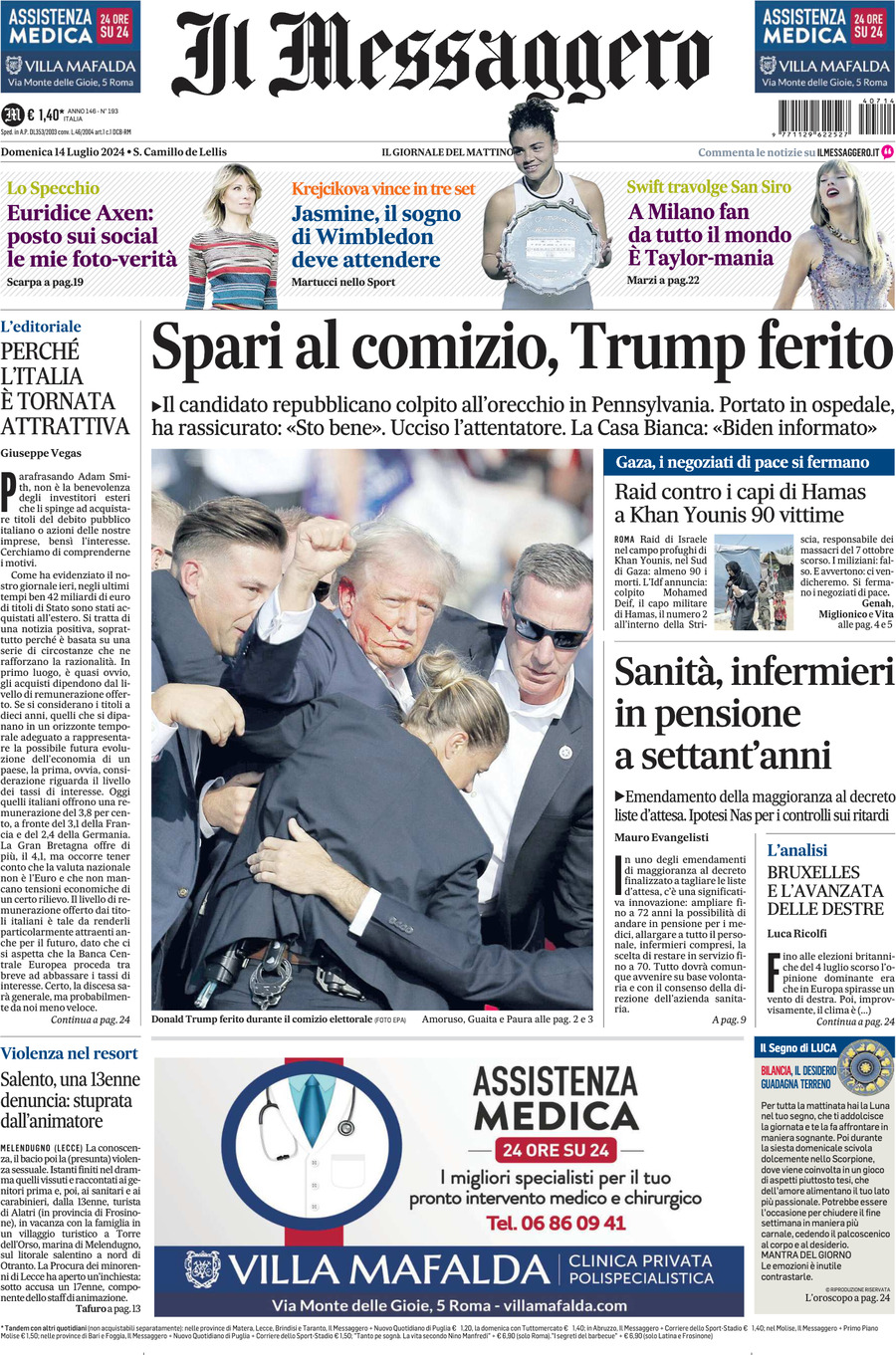 Prima-pagina-il-messaggero-edizione-di-oggi-14-07-2024