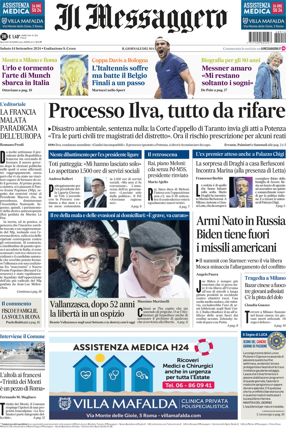 Prima-pagina-il-messaggero-edizione-di-oggi-14-09-2024