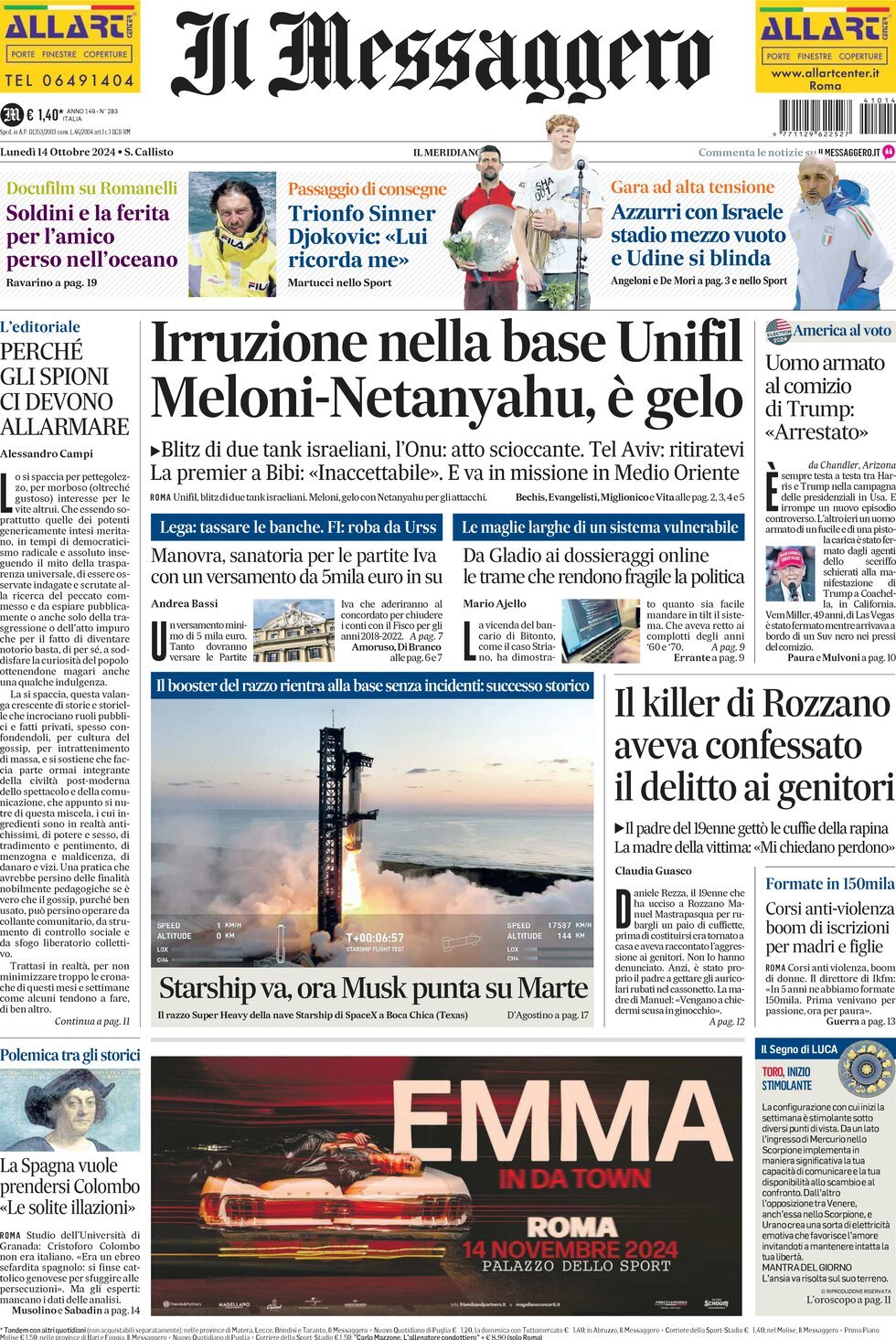 Prima-pagina-il-messaggero-edizione-di-oggi-14-10-2024