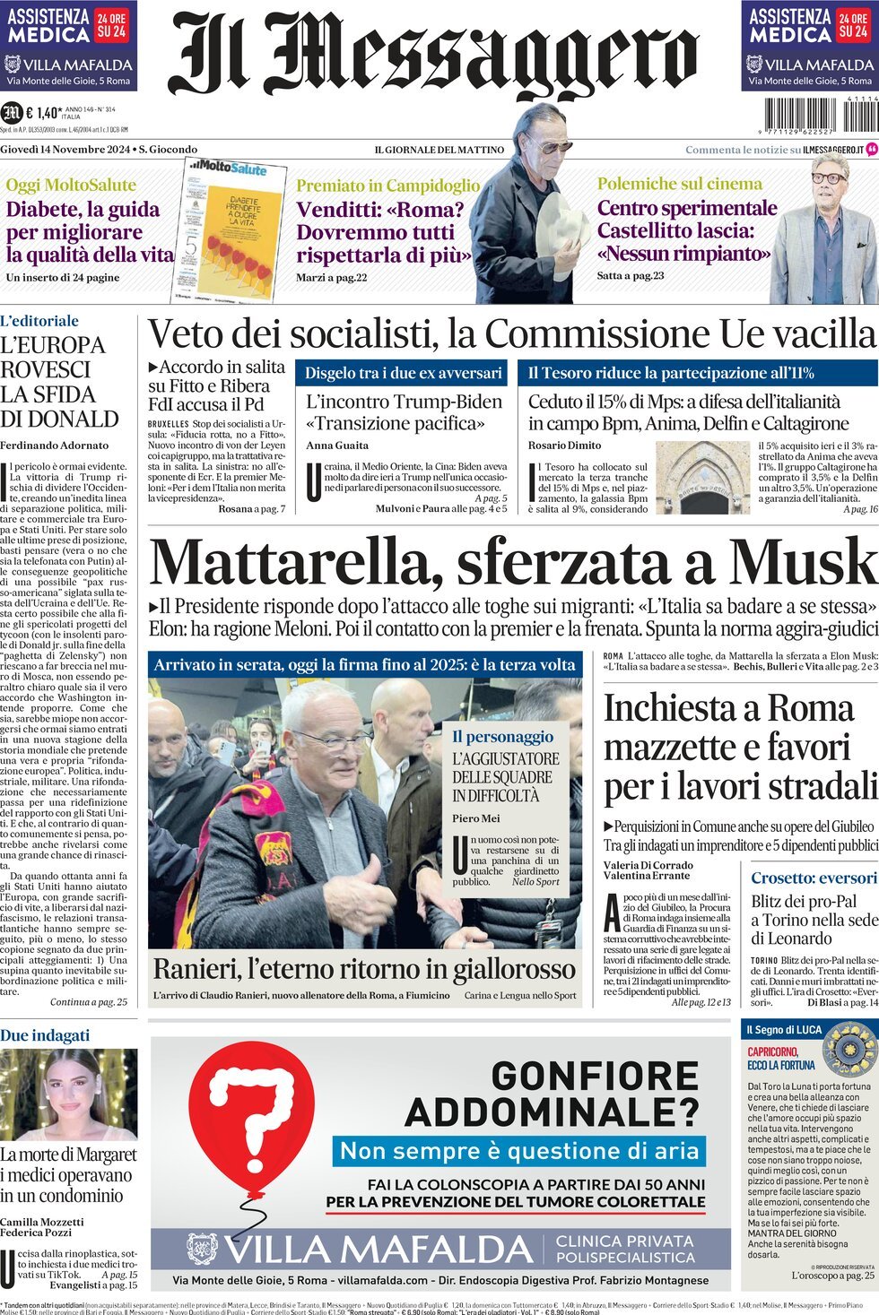 Prima-pagina-il-messaggero-edizione-di-oggi-14-11-2024