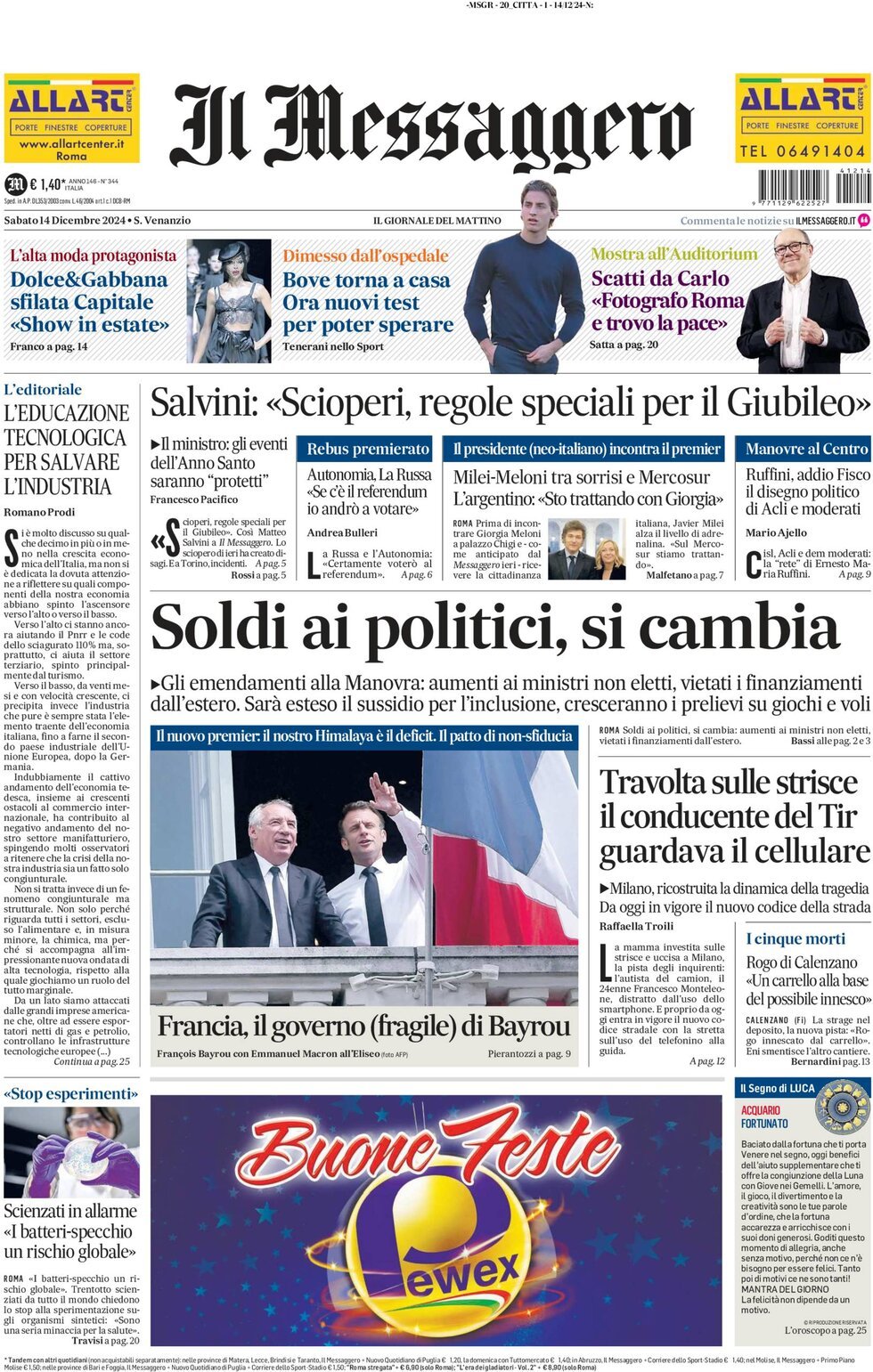 Prima-pagina-il-messaggero-edizione-di-oggi-14-12-2024