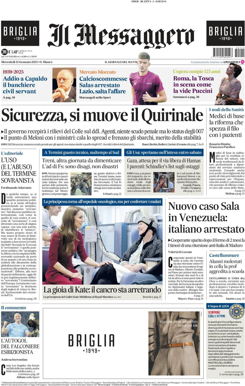 Prima-pagina-il-messaggero-edizione-di-oggi-15-01-2025