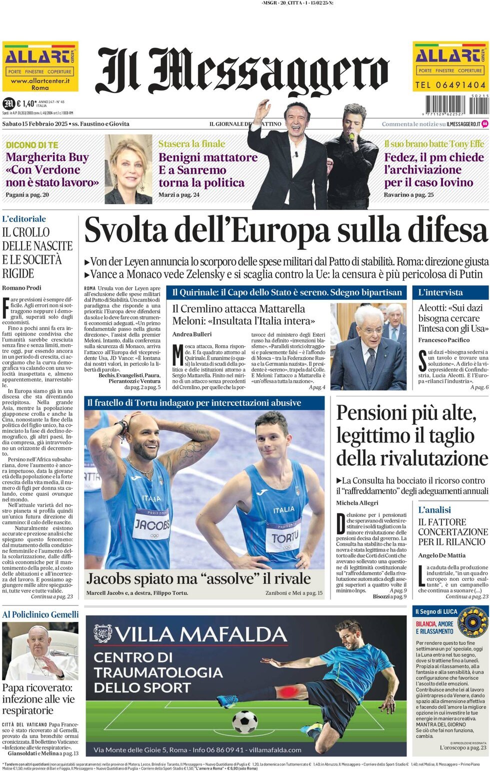 Prima-pagina-il-messaggero-edizione-di-oggi-15-02-2025