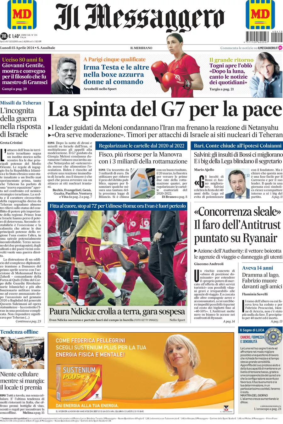 Prima-pagina-il-messaggero-edizione-di-oggi-15-04-2024