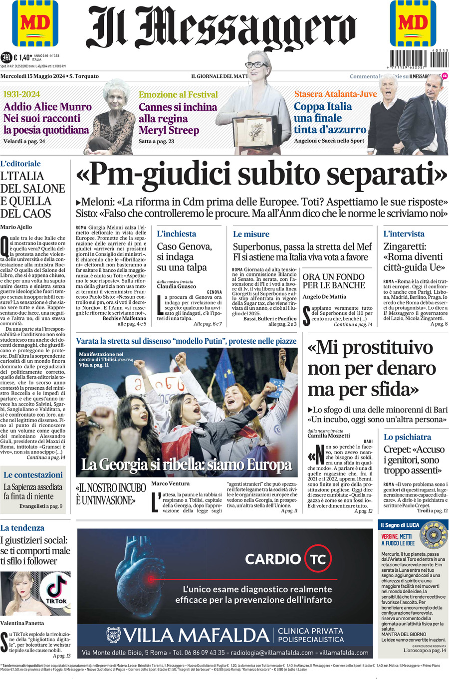 Prima-pagina-il-messaggero-edizione-di-oggi-15-05-2024