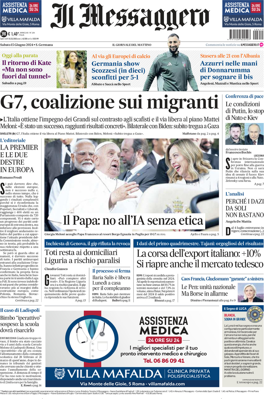 Prima-pagina-il-messaggero-edizione-di-oggi-15-06-2024