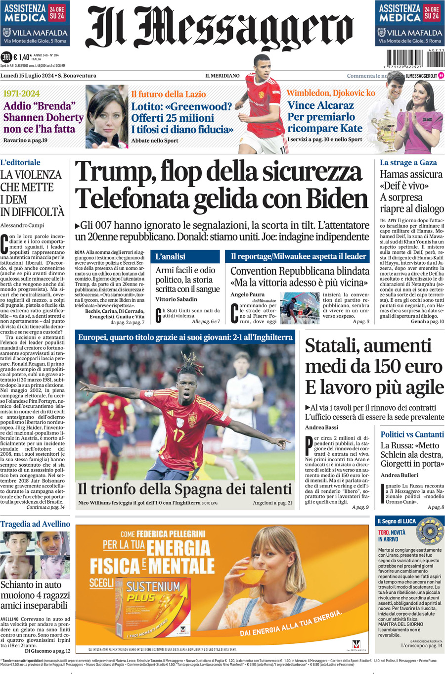 Prima-pagina-il-messaggero-edizione-di-oggi-15-07-2024