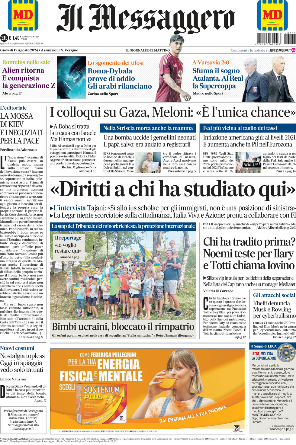 Prima-pagina-il-messaggero-edizione-di-oggi-15-08-2024