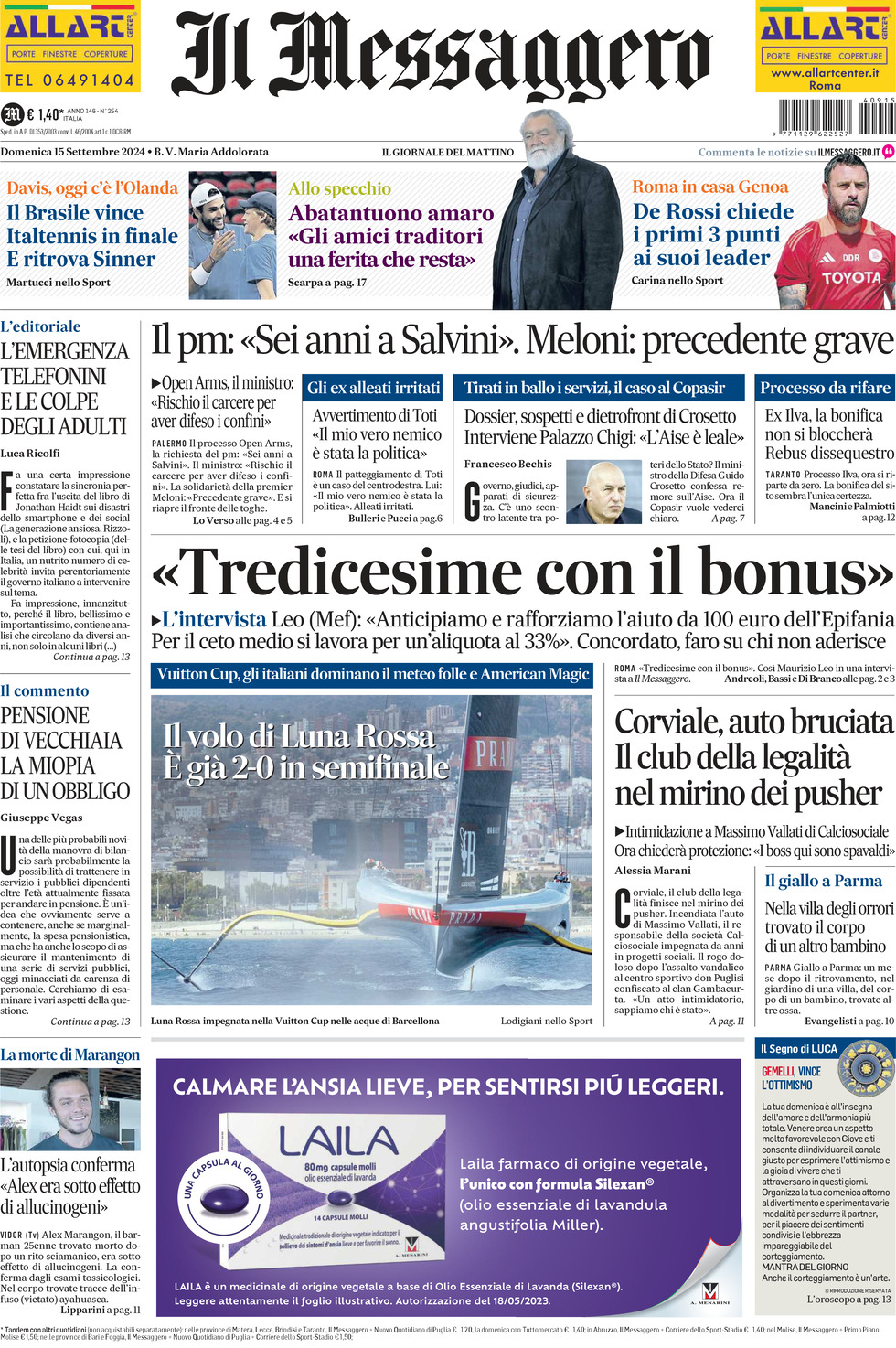 Prima-pagina-il-messaggero-edizione-di-oggi-15-09-2024