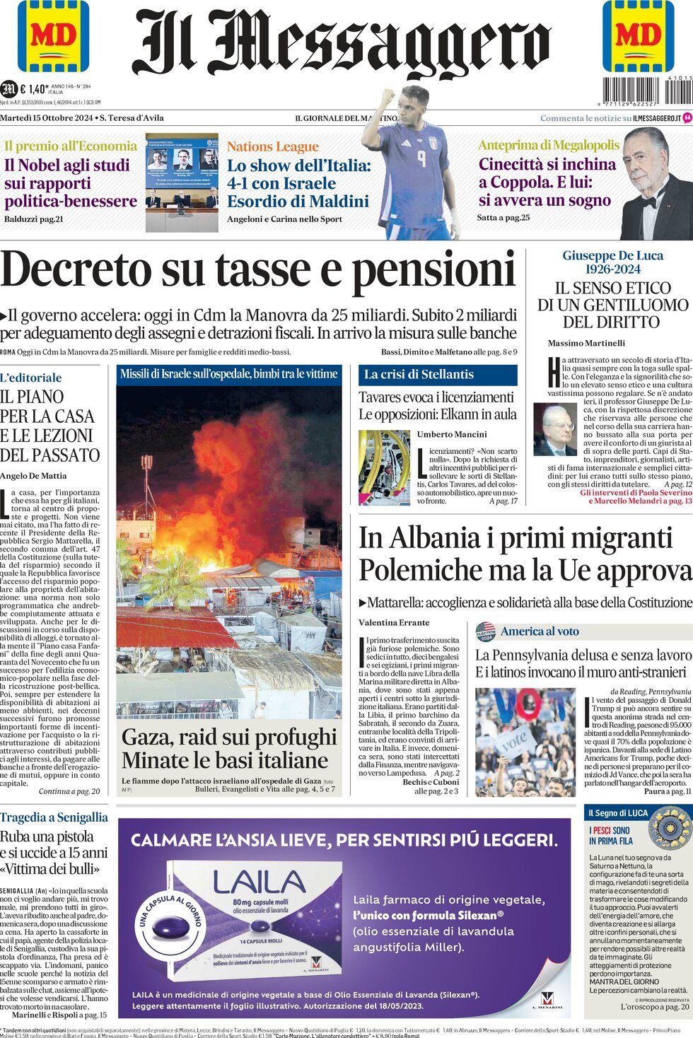 Prima-pagina-il-messaggero-edizione-di-oggi-15-10-2024