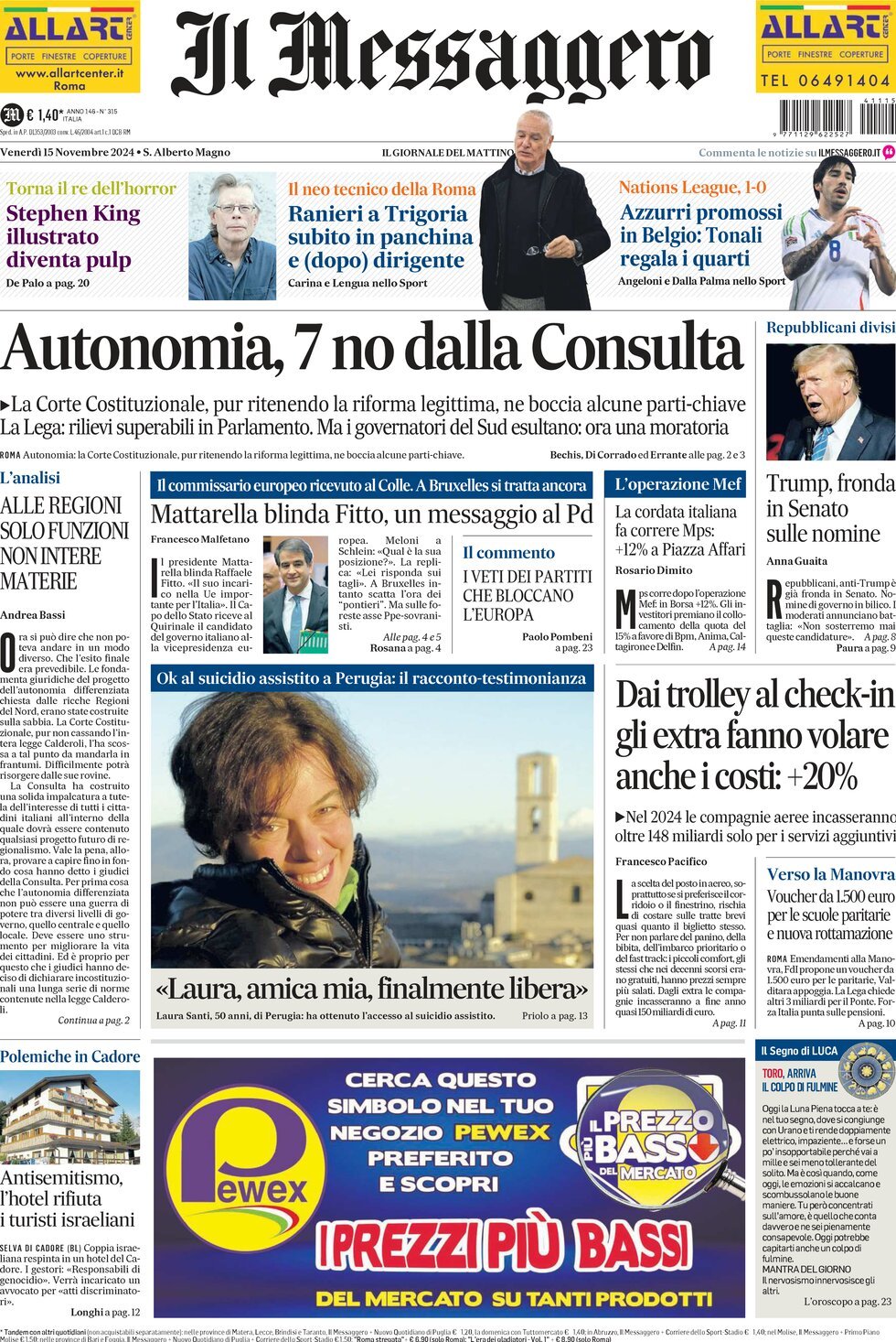 Prima-pagina-il-messaggero-edizione-di-oggi-15-11-2024