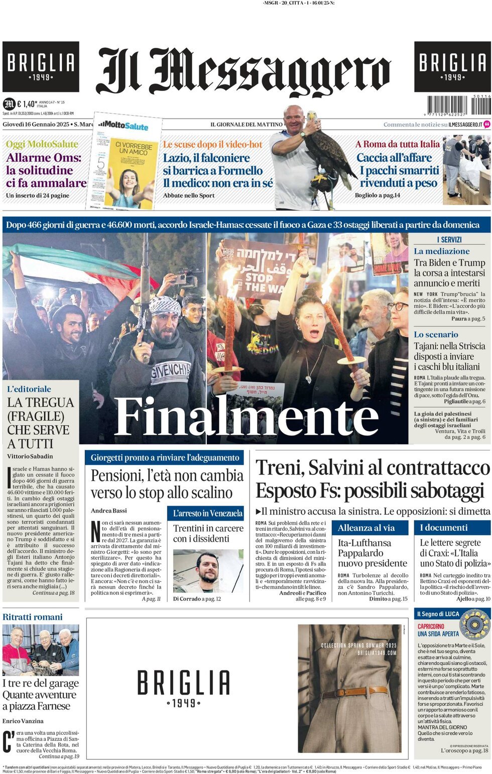 Prima-pagina-il-messaggero-edizione-di-oggi-16-01-2025