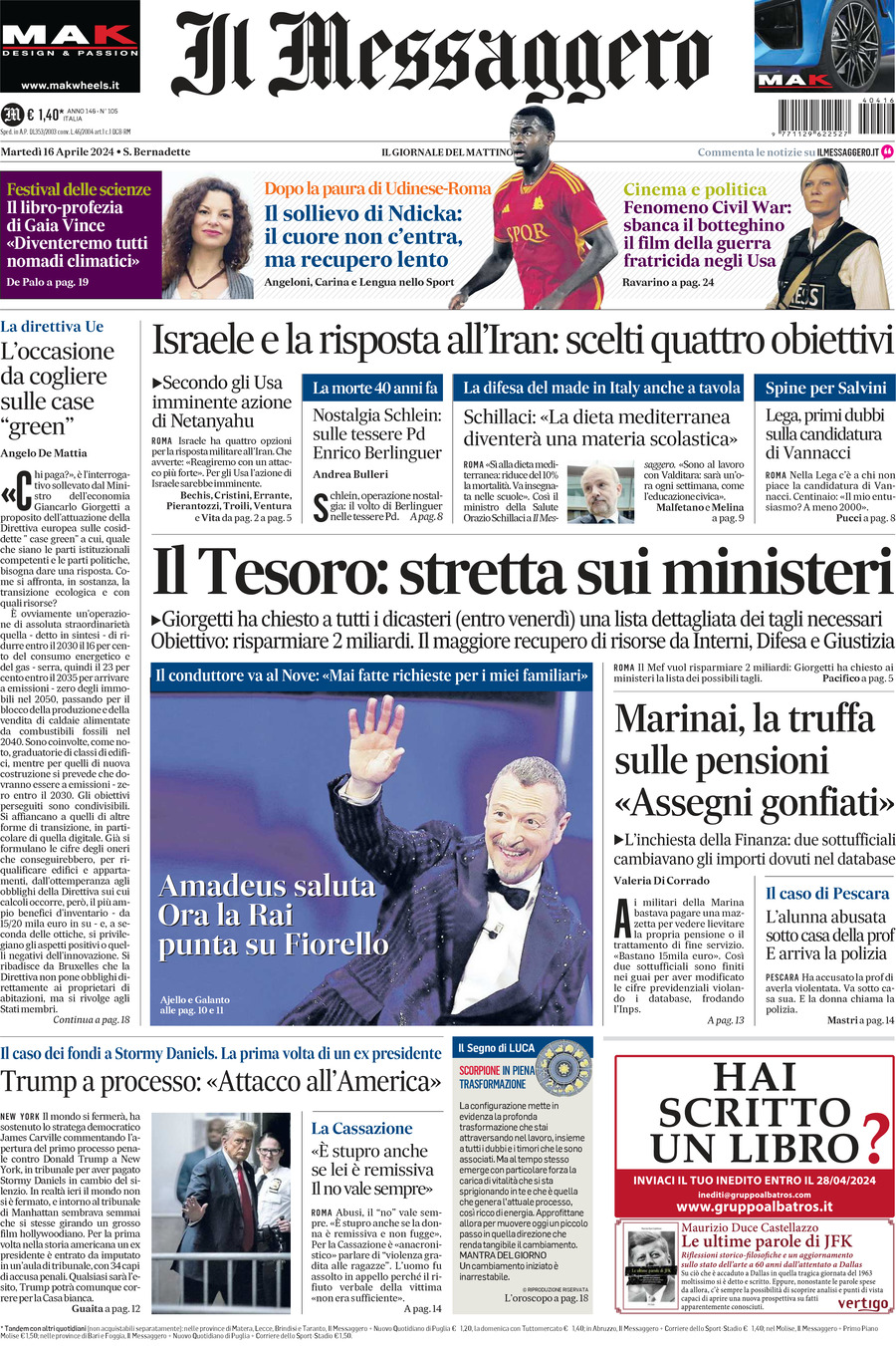 Prima-pagina-il-messaggero-edizione-di-oggi-16-04-2024