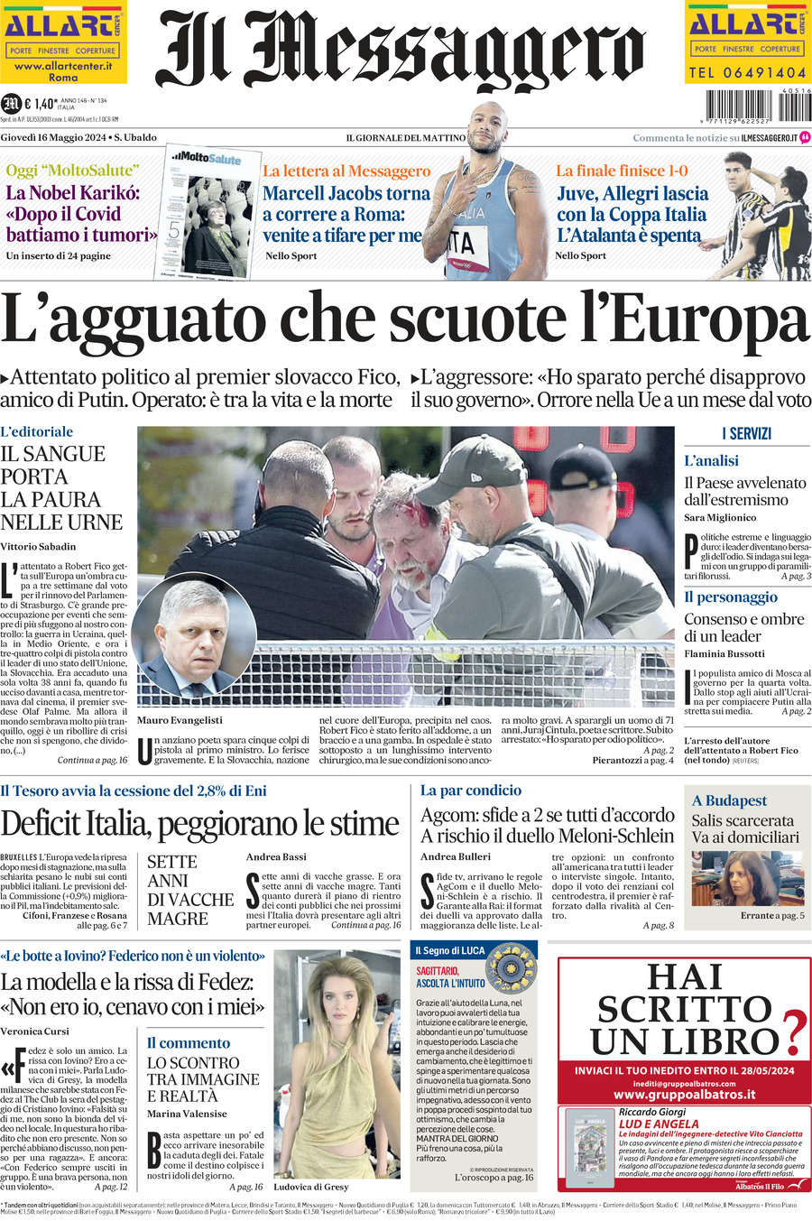 Prima-pagina-il-messaggero-edizione-di-oggi-16-05-2024