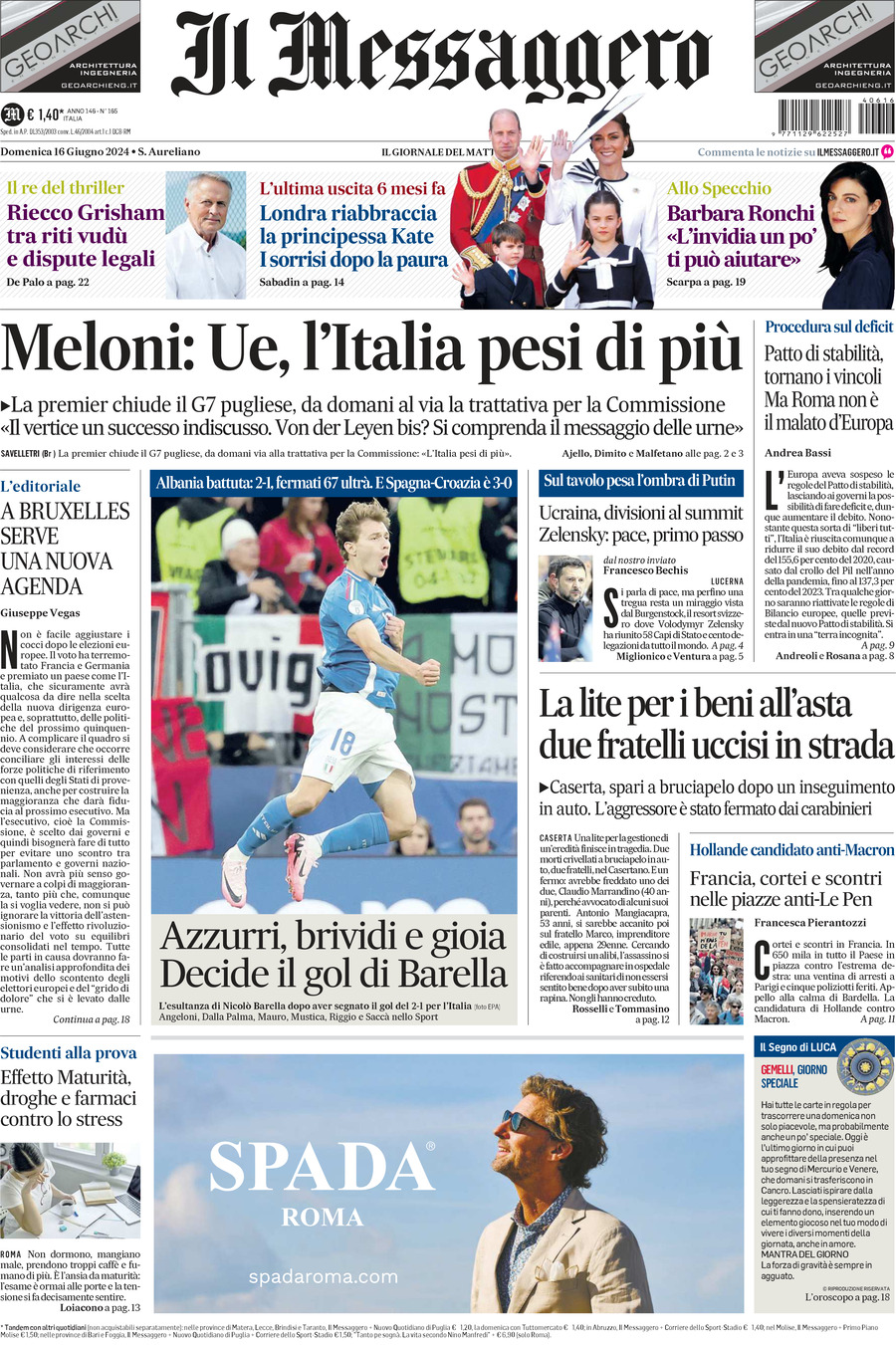 Prima-pagina-il-messaggero-edizione-di-oggi-16-06-2024