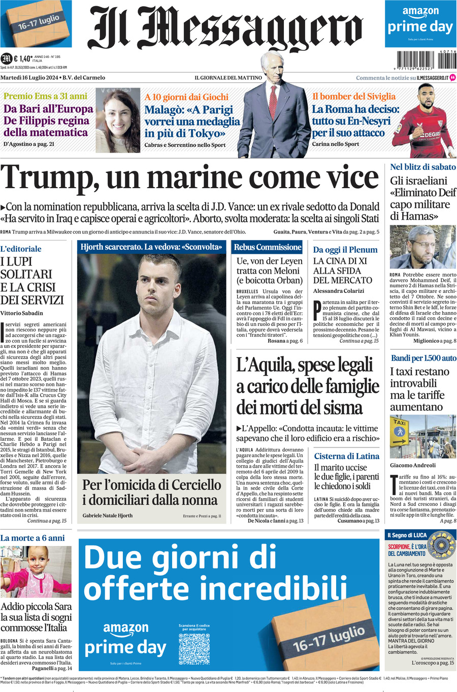 Prima-pagina-il-messaggero-edizione-di-oggi-16-07-2024