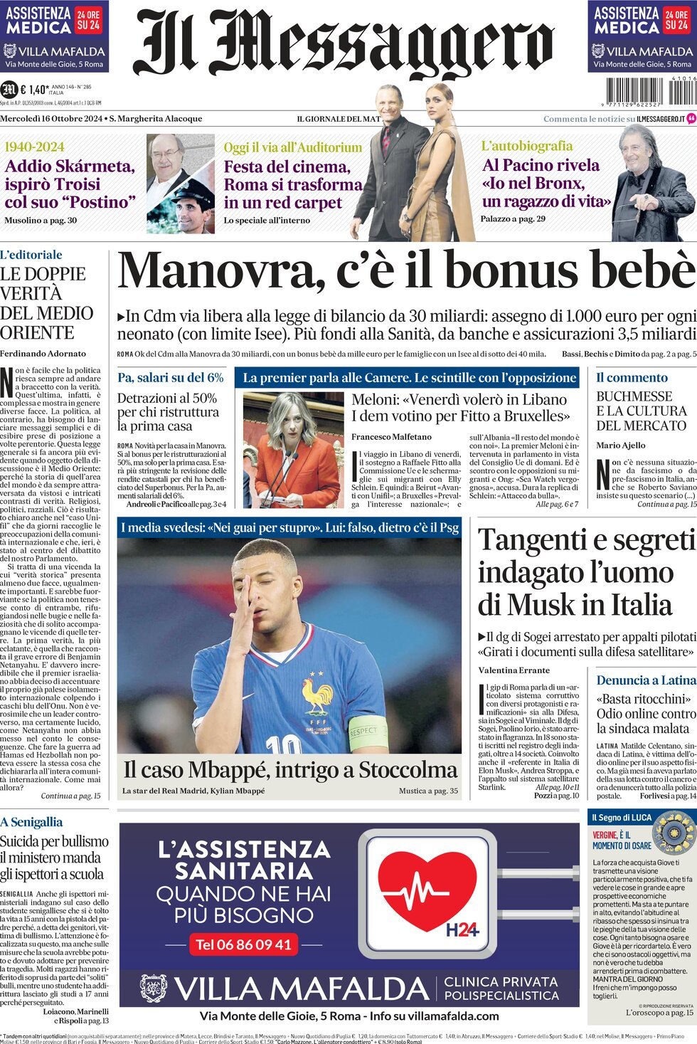 Prima-pagina-il-messaggero-edizione-di-oggi-16-10-2024