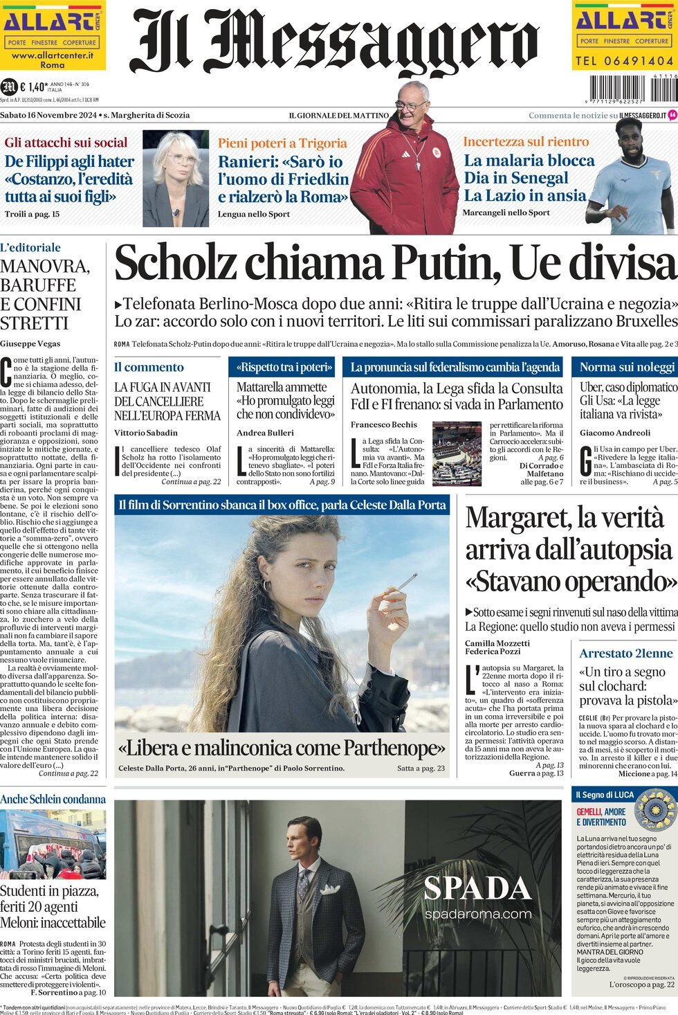 Prima-pagina-il-messaggero-edizione-di-oggi-16-11-2024