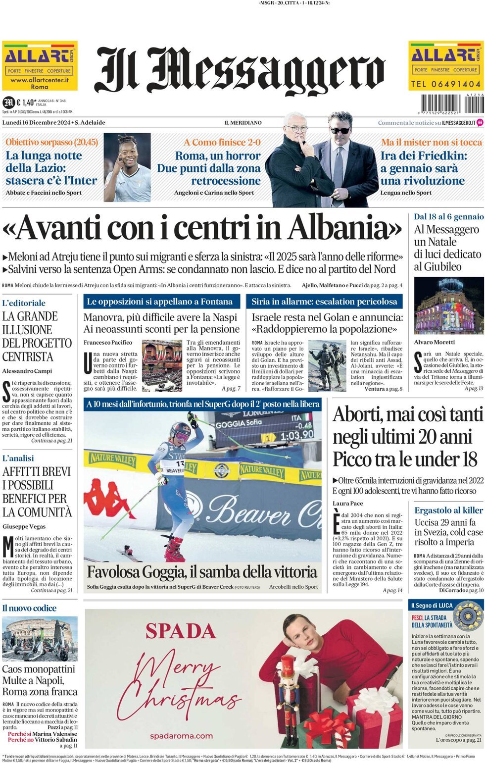 Prima-pagina-il-messaggero-edizione-di-oggi-16-12-2024