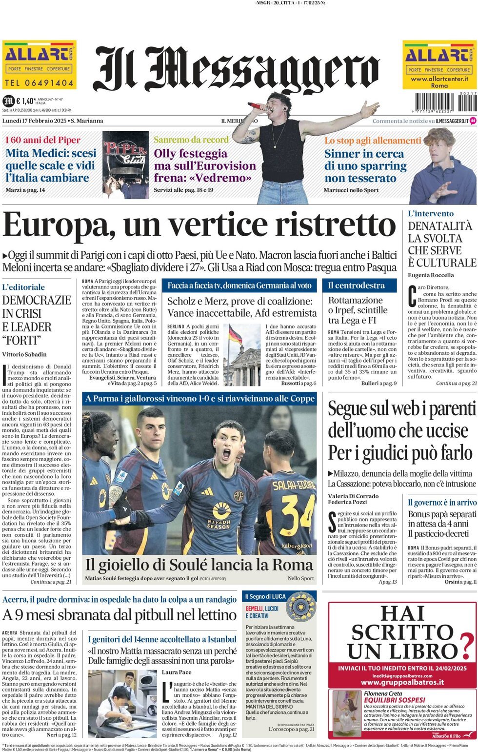 Prima-pagina-il-messaggero-edizione-di-oggi-17-02-2025