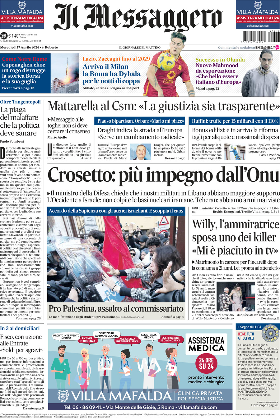 Prima-pagina-il-messaggero-edizione-di-oggi-17-04-2024