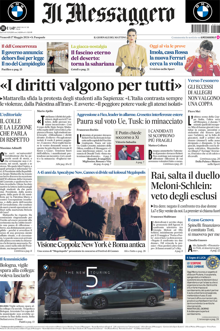 Prima-pagina-il-messaggero-edizione-di-oggi-17-05-2024