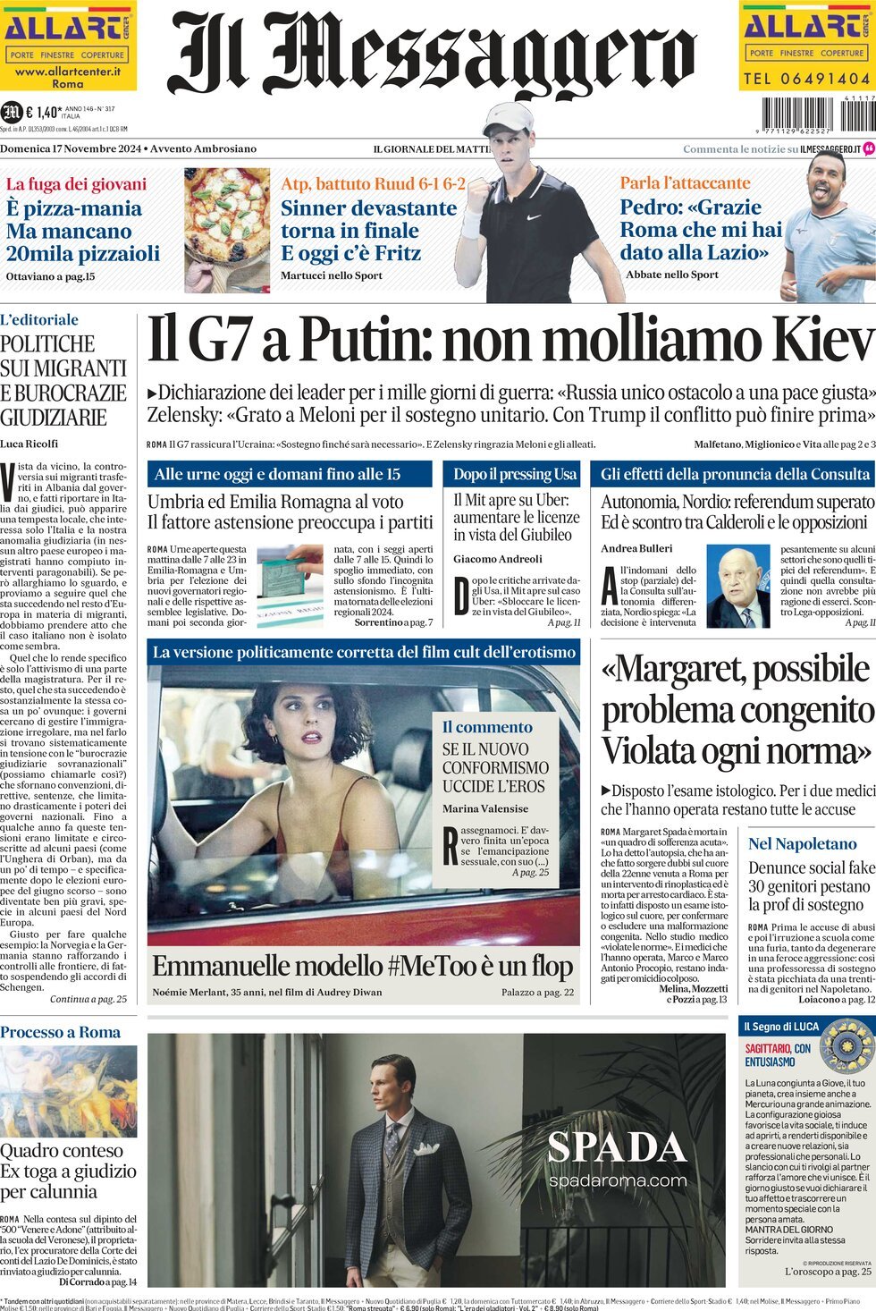 Prima-pagina-il-messaggero-edizione-di-oggi-17-11-2024