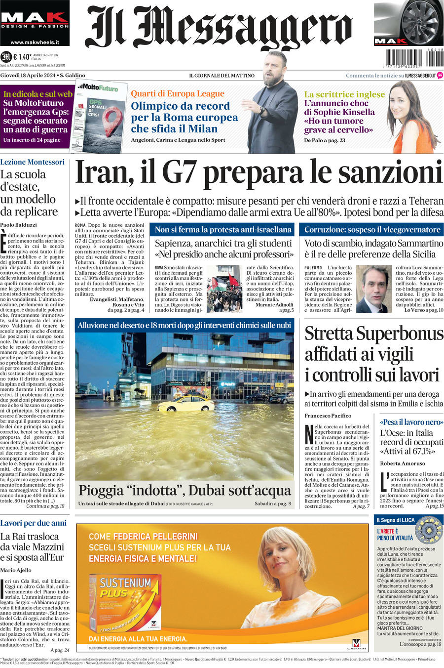 Prima-pagina-il-messaggero-edizione-di-oggi-18-04-2024