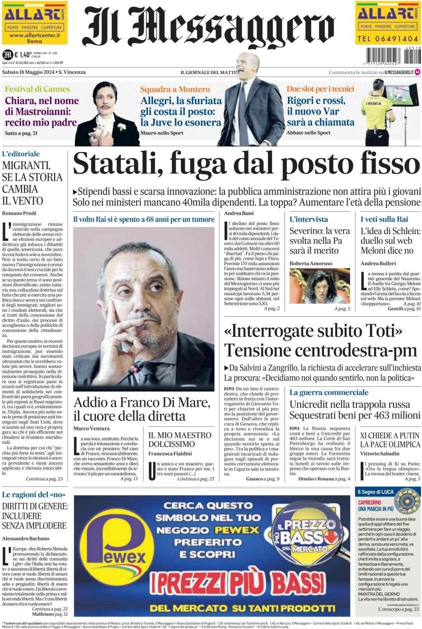 Prima-pagina-il-messaggero-edizione-di-oggi-18-05-2024