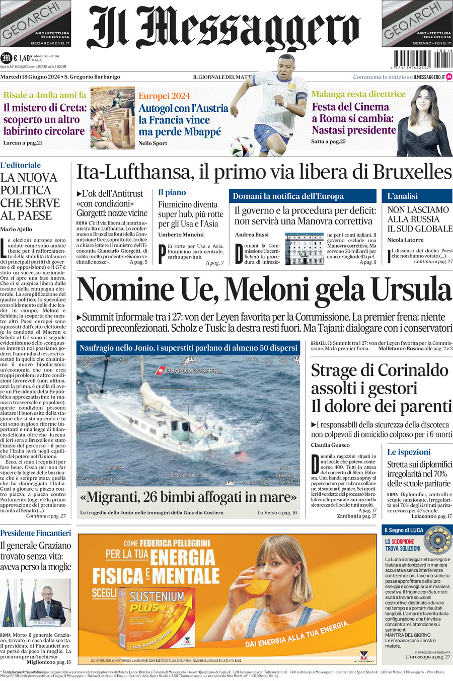 Prima-pagina-il-messaggero-edizione-di-oggi-18-06-2024