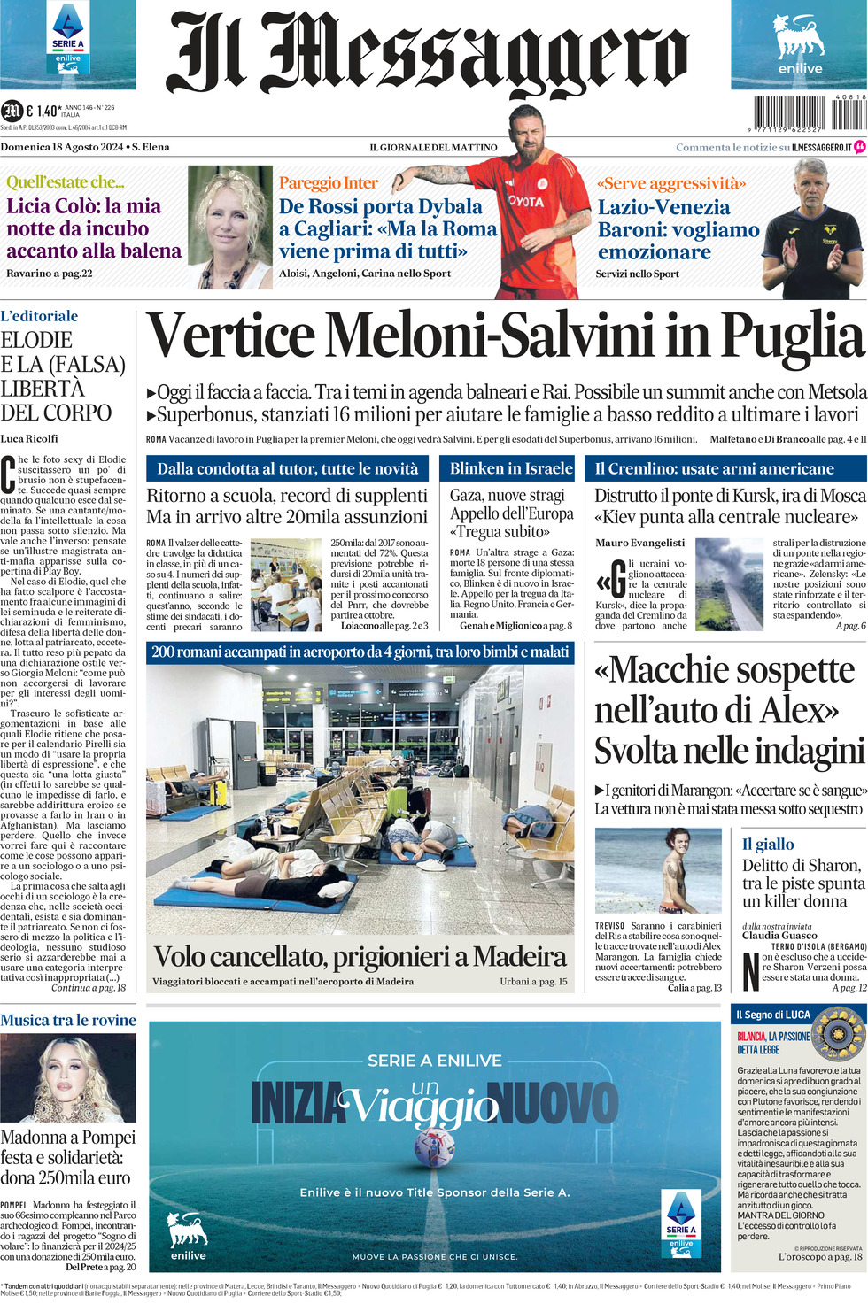 Prima-pagina-il-messaggero-edizione-di-oggi-18-08-2024