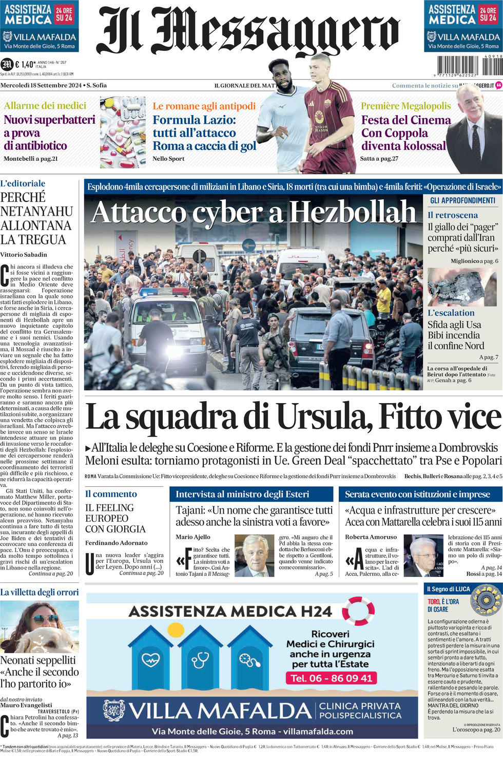 Prima-pagina-il-messaggero-edizione-di-oggi-18-09-2024