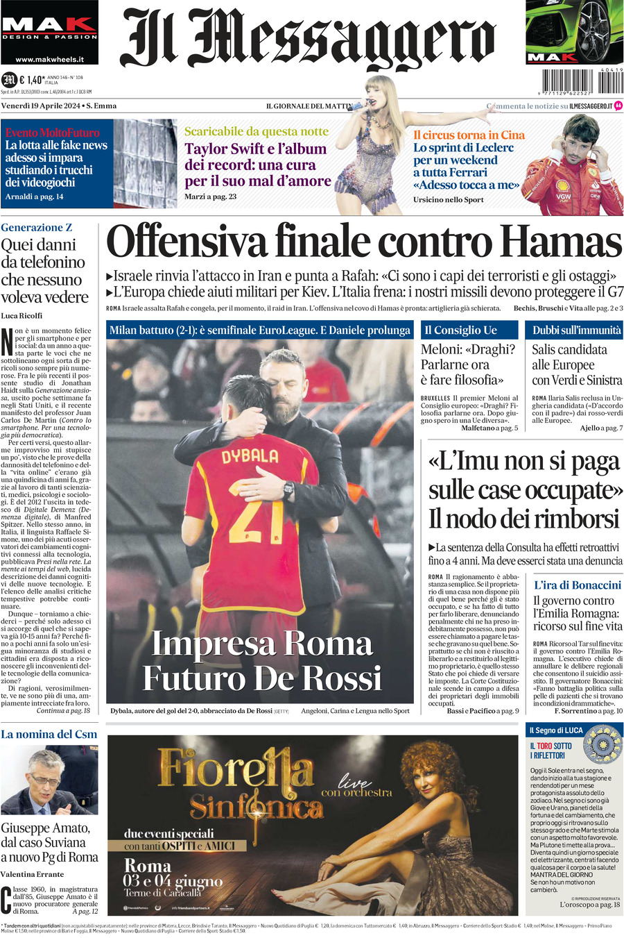 Prima-pagina-il-messaggero-edizione-di-oggi-19-04-2024