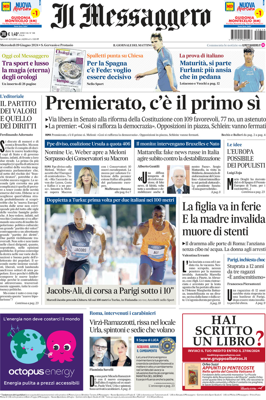 Prima-pagina-il-messaggero-edizione-di-oggi-19-06-2024