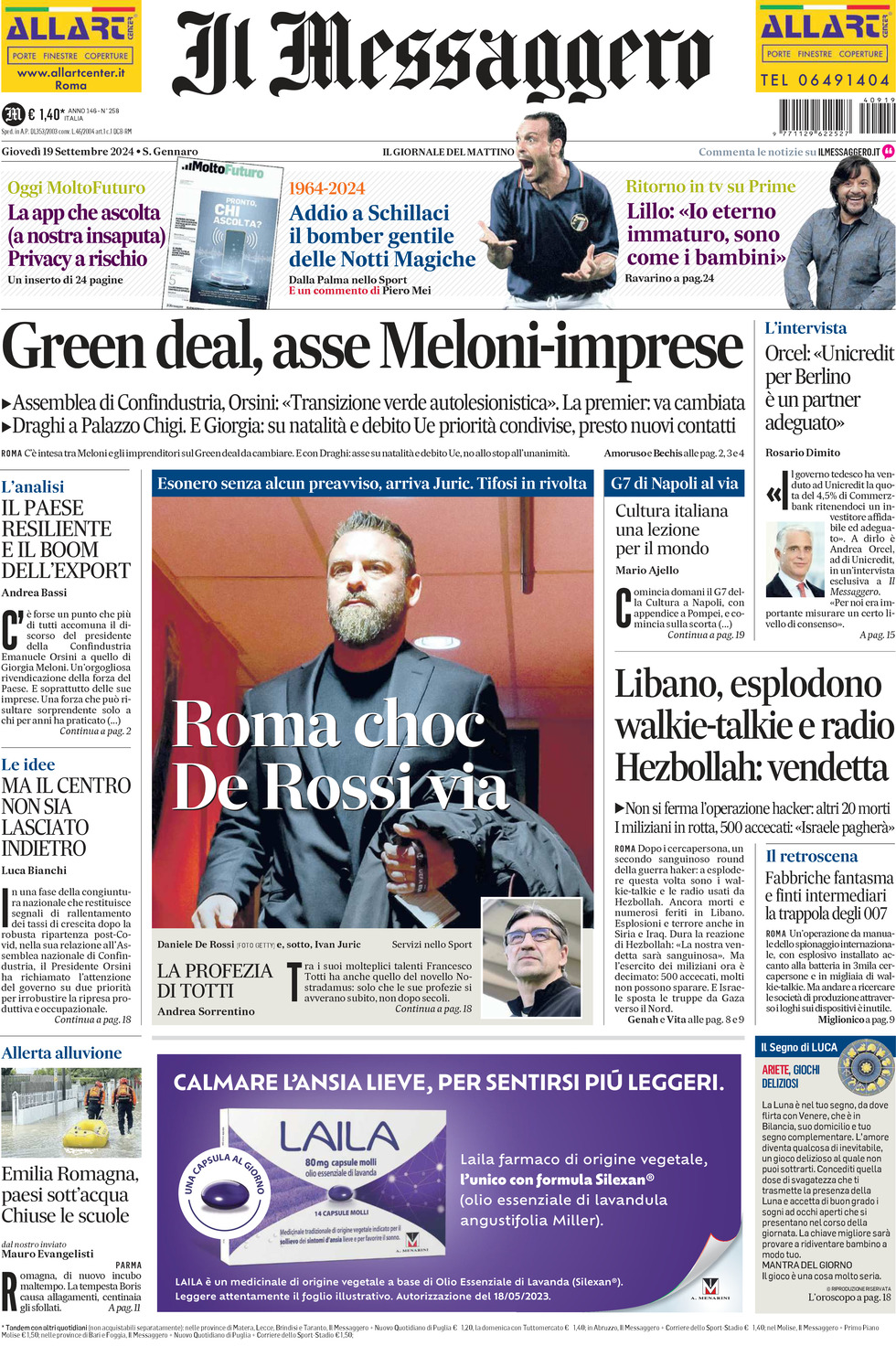 Prima-pagina-il-messaggero-edizione-di-oggi-19-09-2024