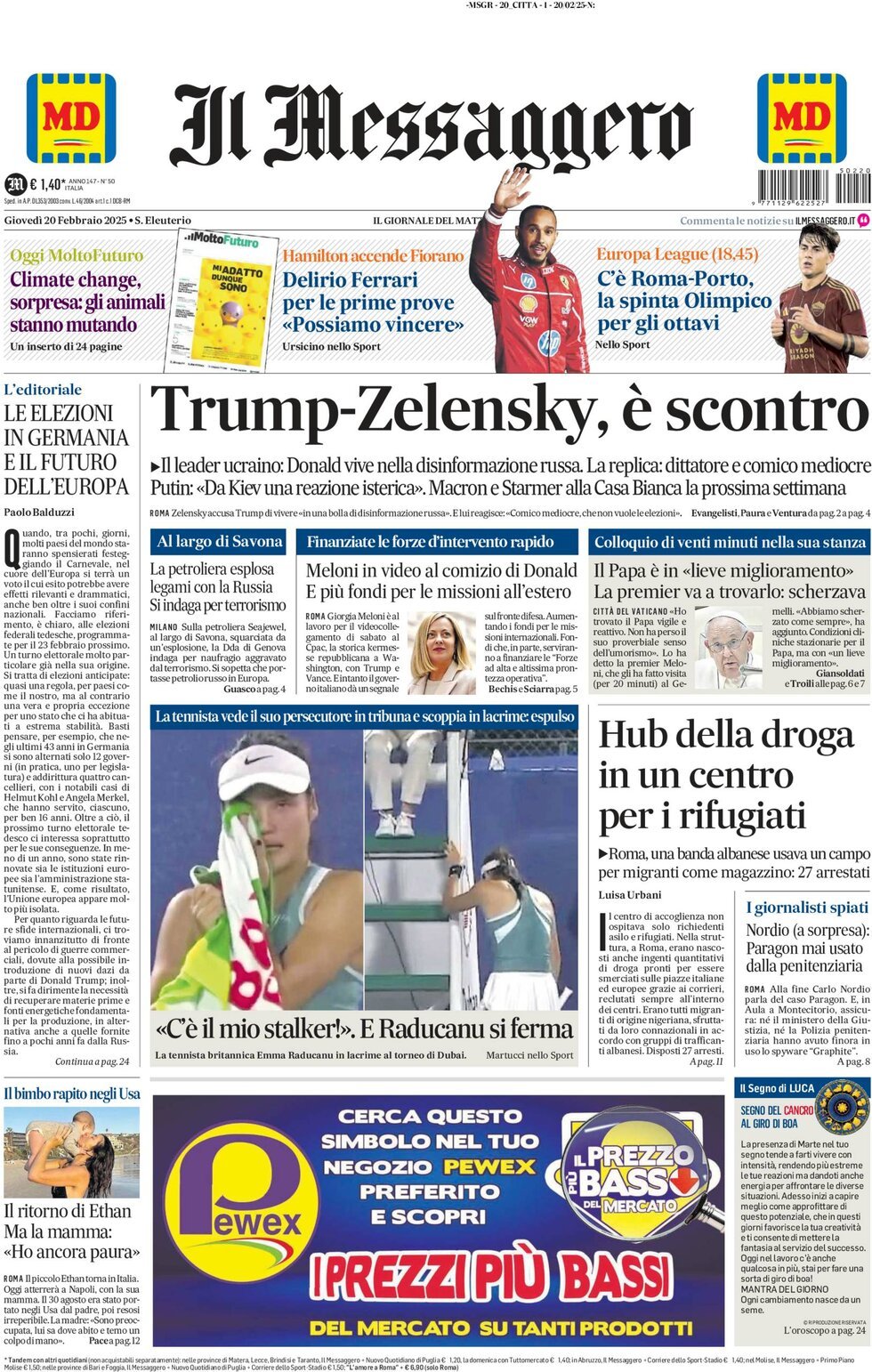 Prima-pagina-il-messaggero-edizione-di-oggi-20-02-2025