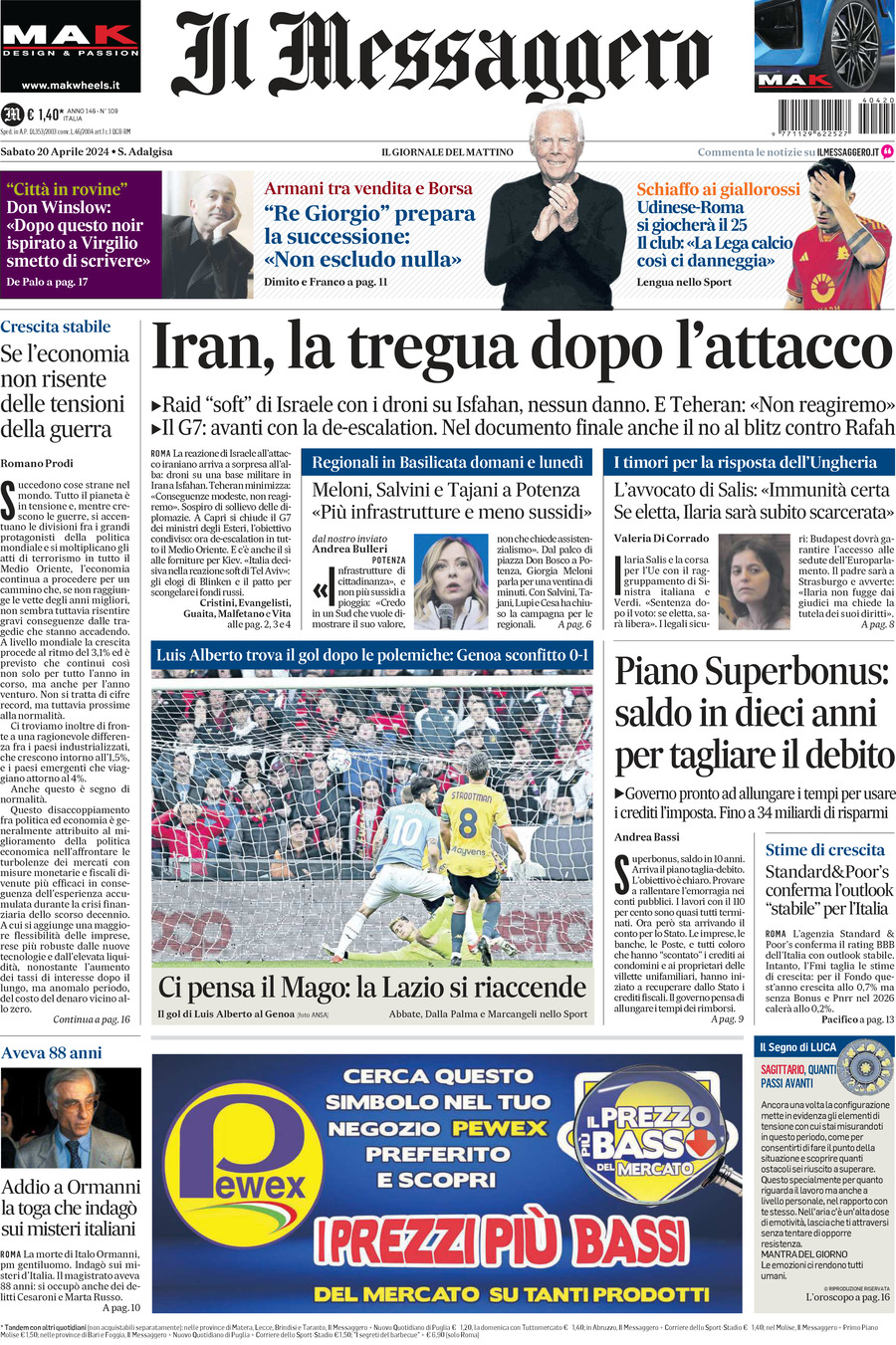 Prima-pagina-il-messaggero-edizione-di-oggi-20-04-2024