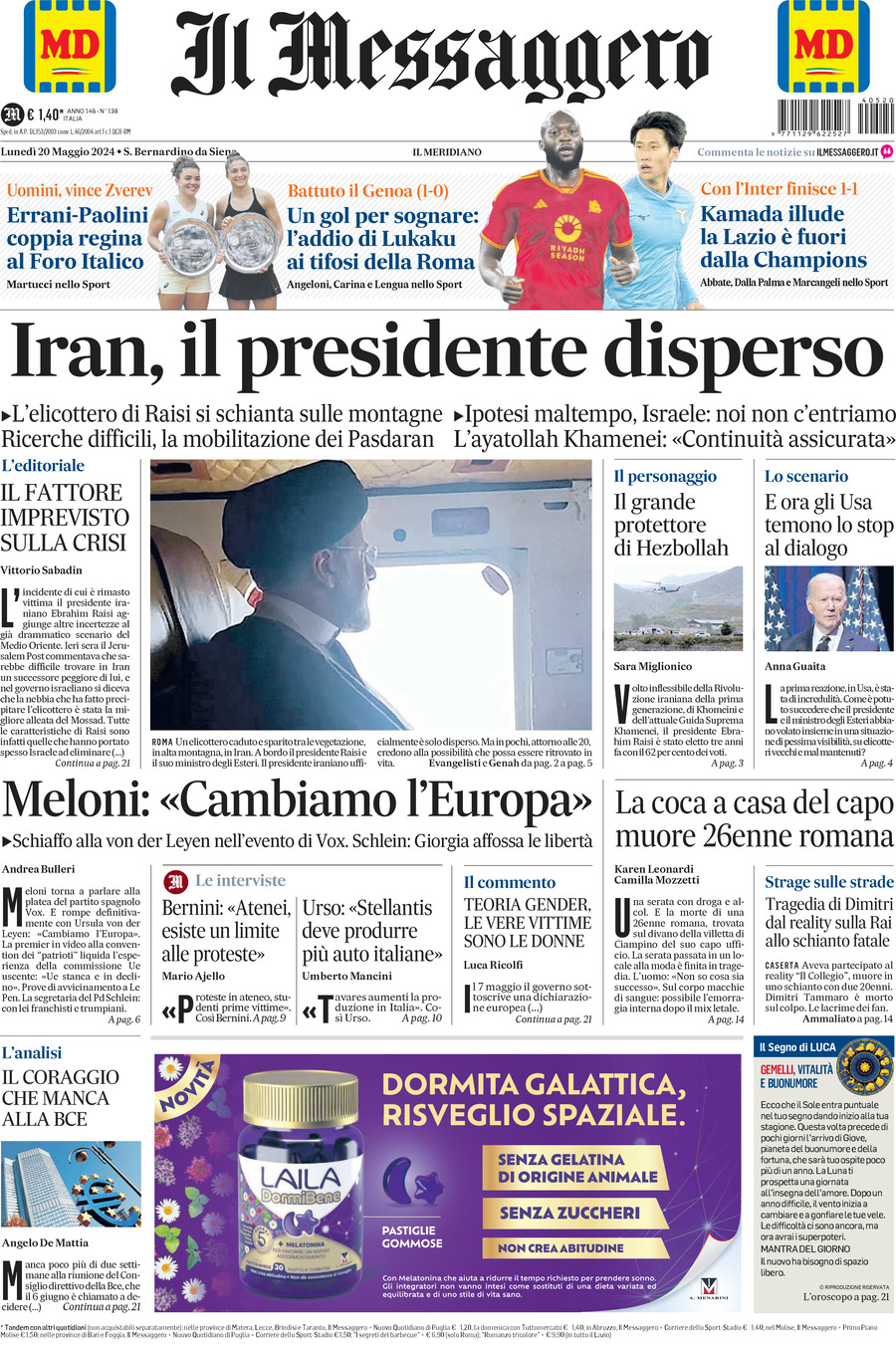 Prima-pagina-il-messaggero-edizione-di-oggi-20-05-2024