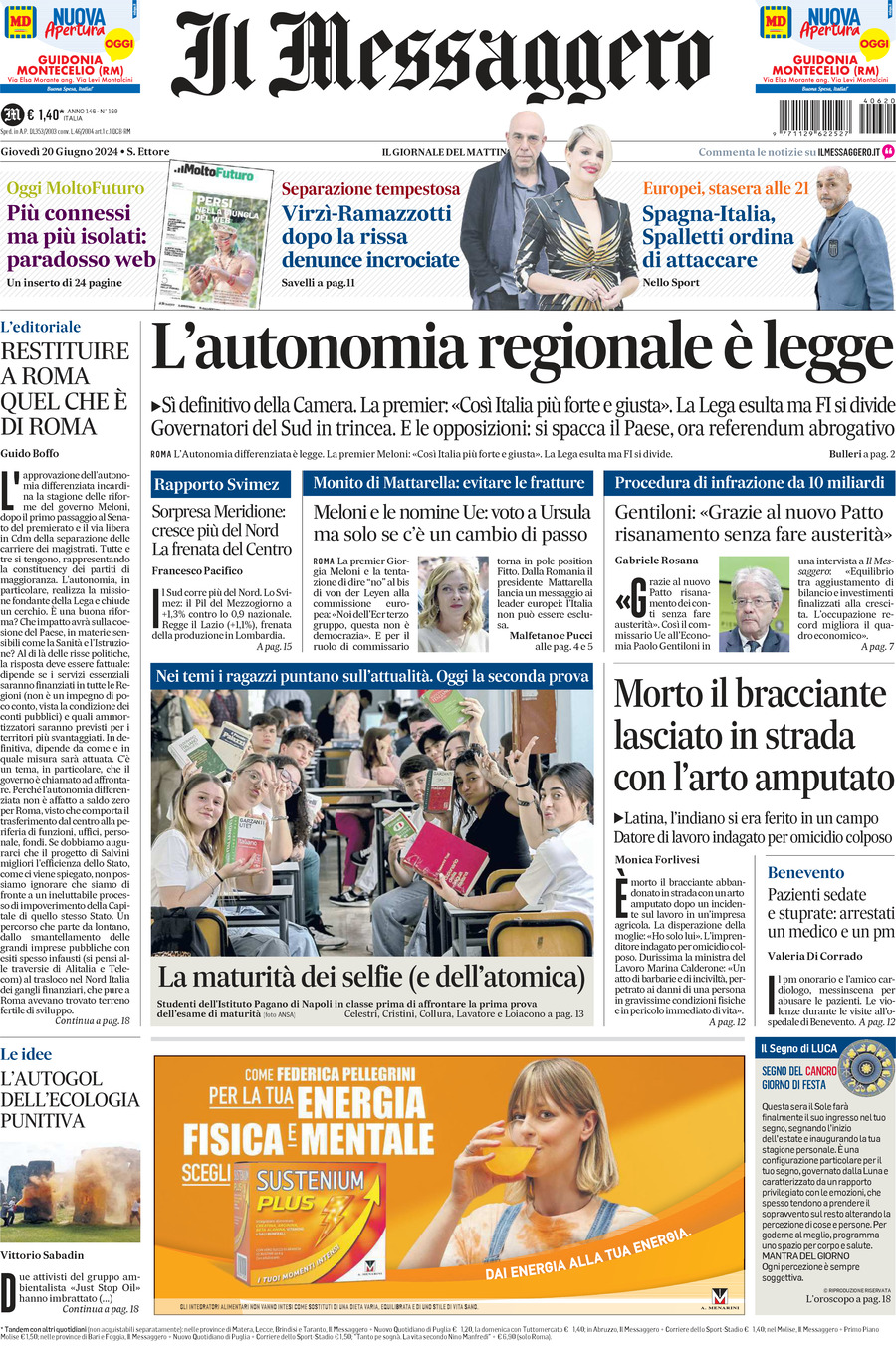 Prima-pagina-il-messaggero-edizione-di-oggi-20-06-2024