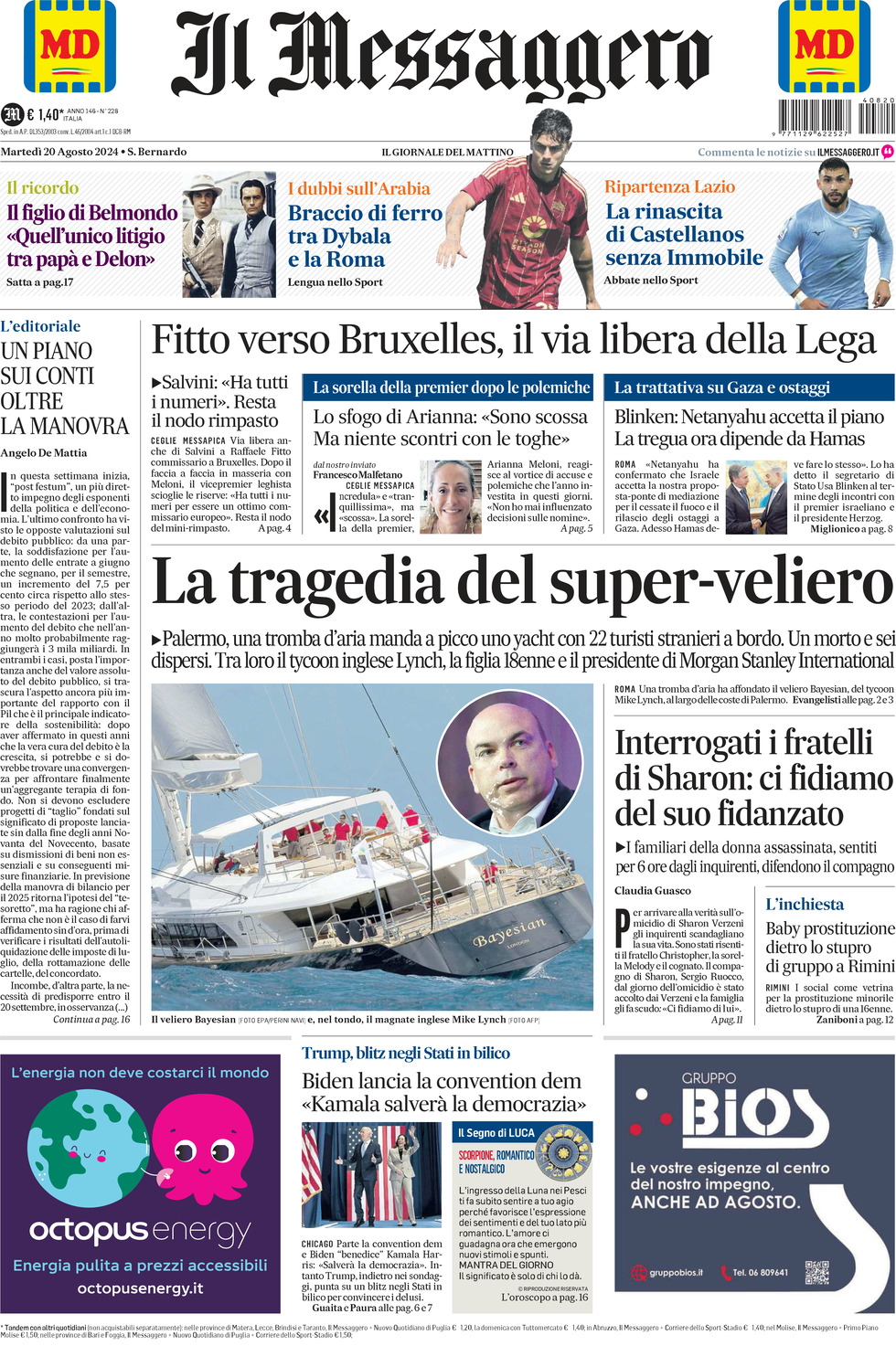 Prima-pagina-il-messaggero-edizione-di-oggi-20-08-2024