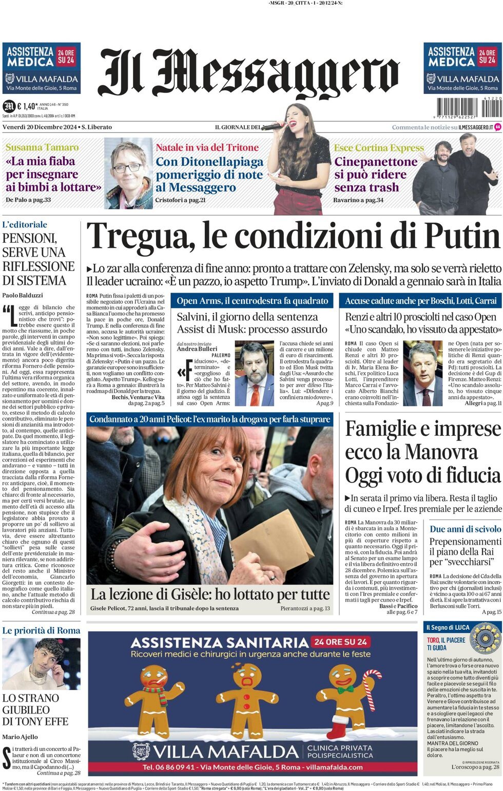 Prima-pagina-il-messaggero-edizione-di-oggi-20-12-2024