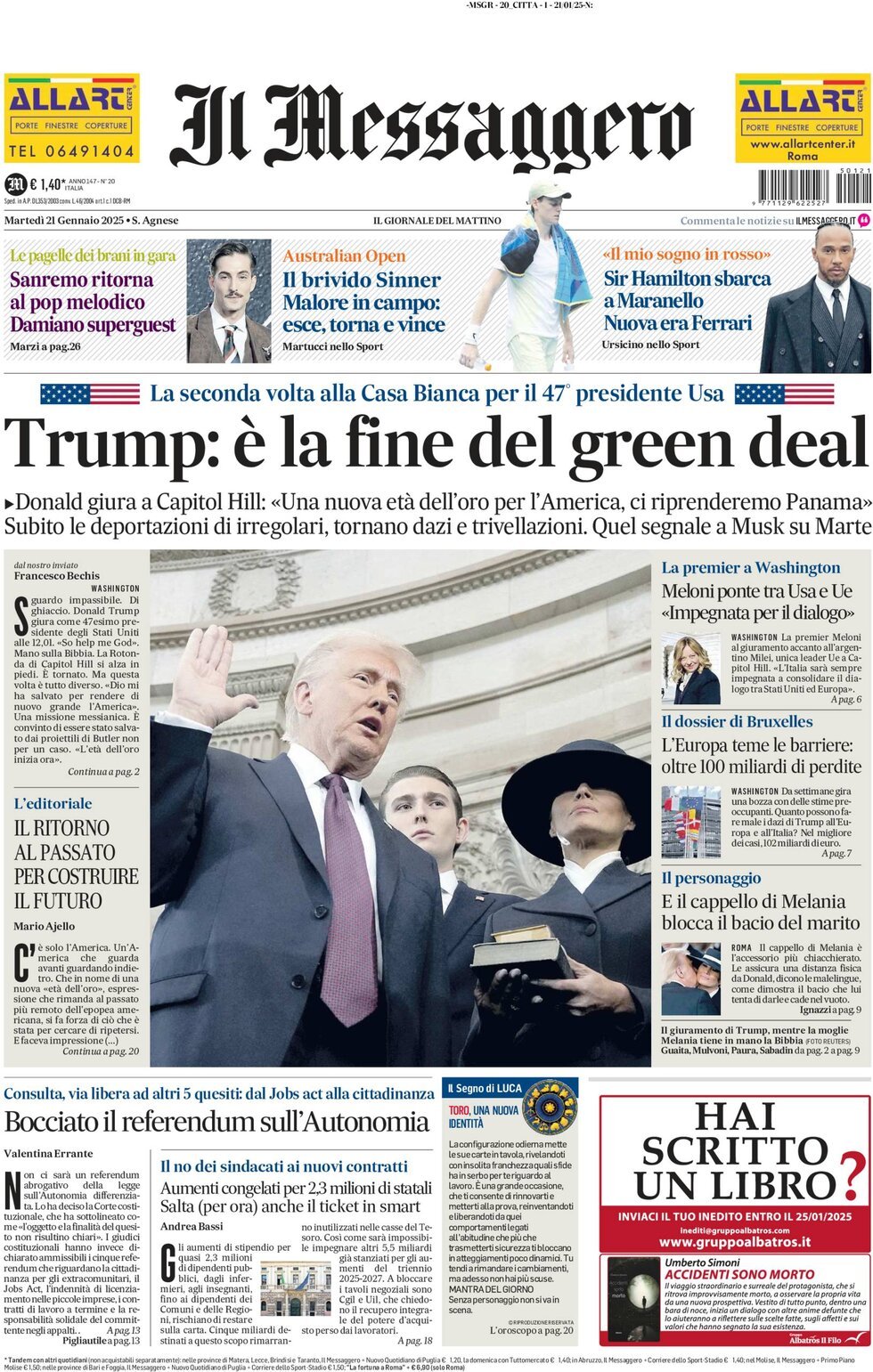 Prima-pagina-il-messaggero-edizione-di-oggi-21-01-2025