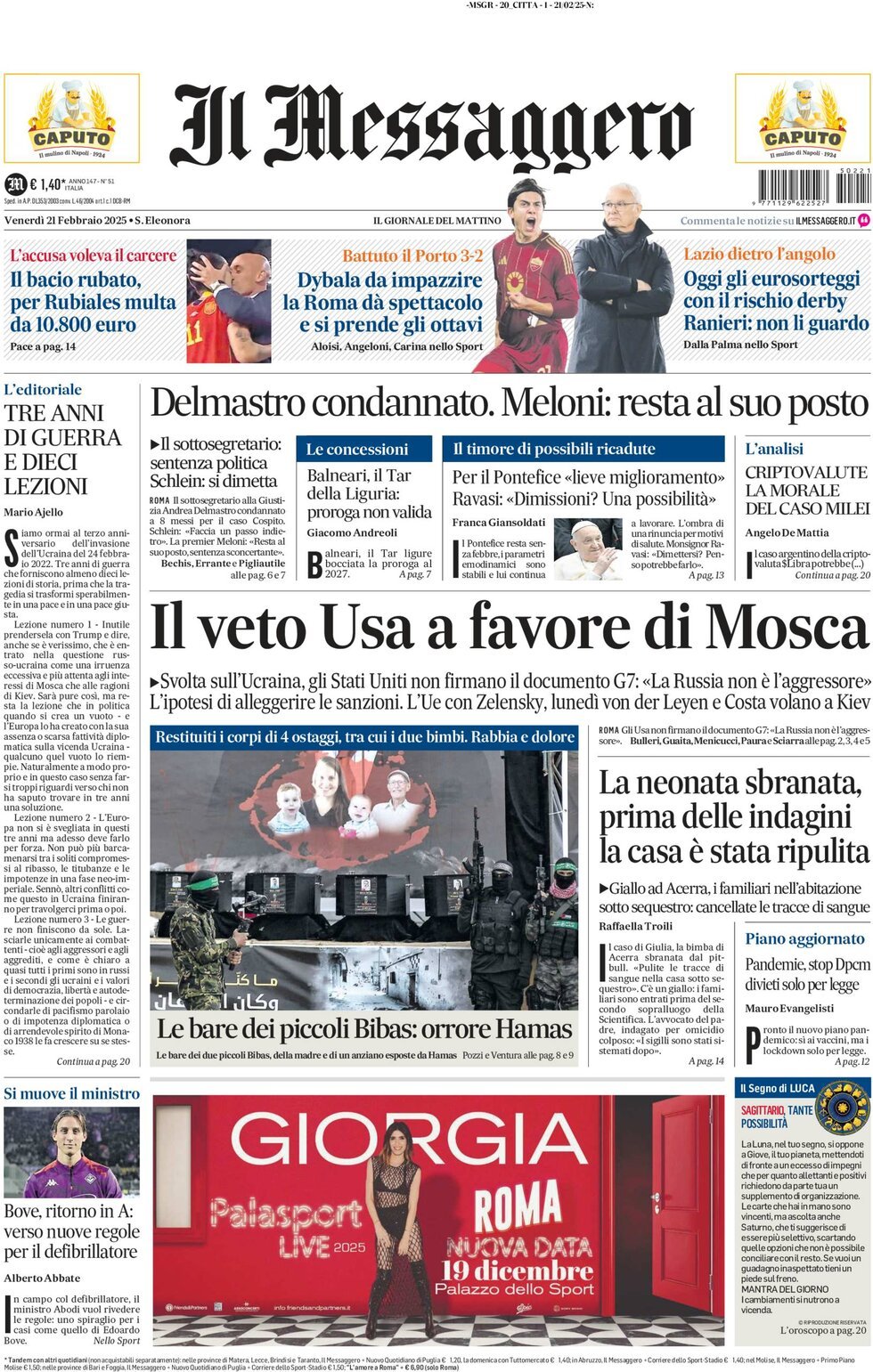 Prima-pagina-il-messaggero-edizione-di-oggi-21-02-2025